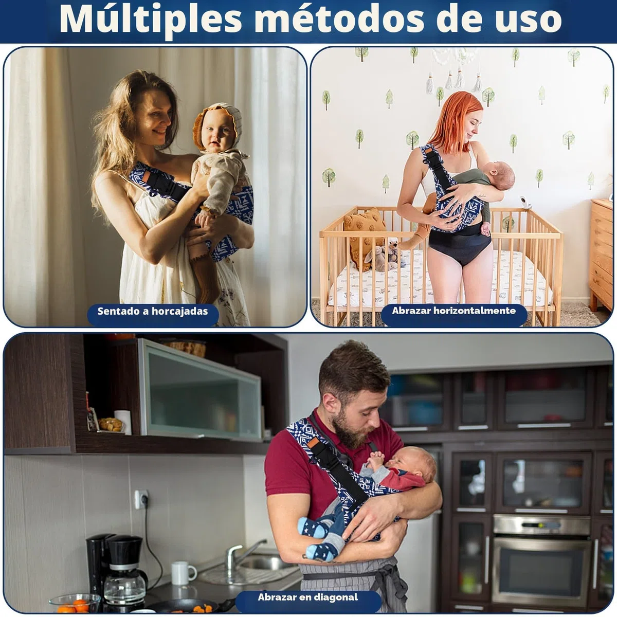Portabebés Portátil, Portador de Bebé, Ergonómico Portátil, Portabebés Elastico Ajustable para Bebés y Niños Pequeños de 0-36 Meses (azul y blanco)