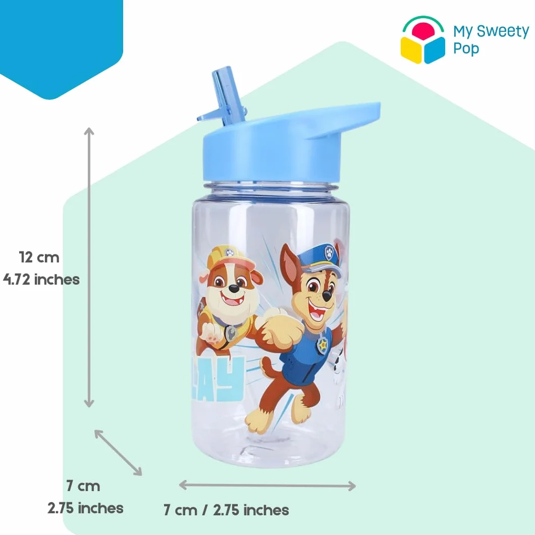 Botella de agua My sweety pop para niños, Paw Patrol, transparente, de plástico, para niños, guardería, escuela, vacaciones, comida, 12 cm, 450 ml, hidratación, idea de regalo