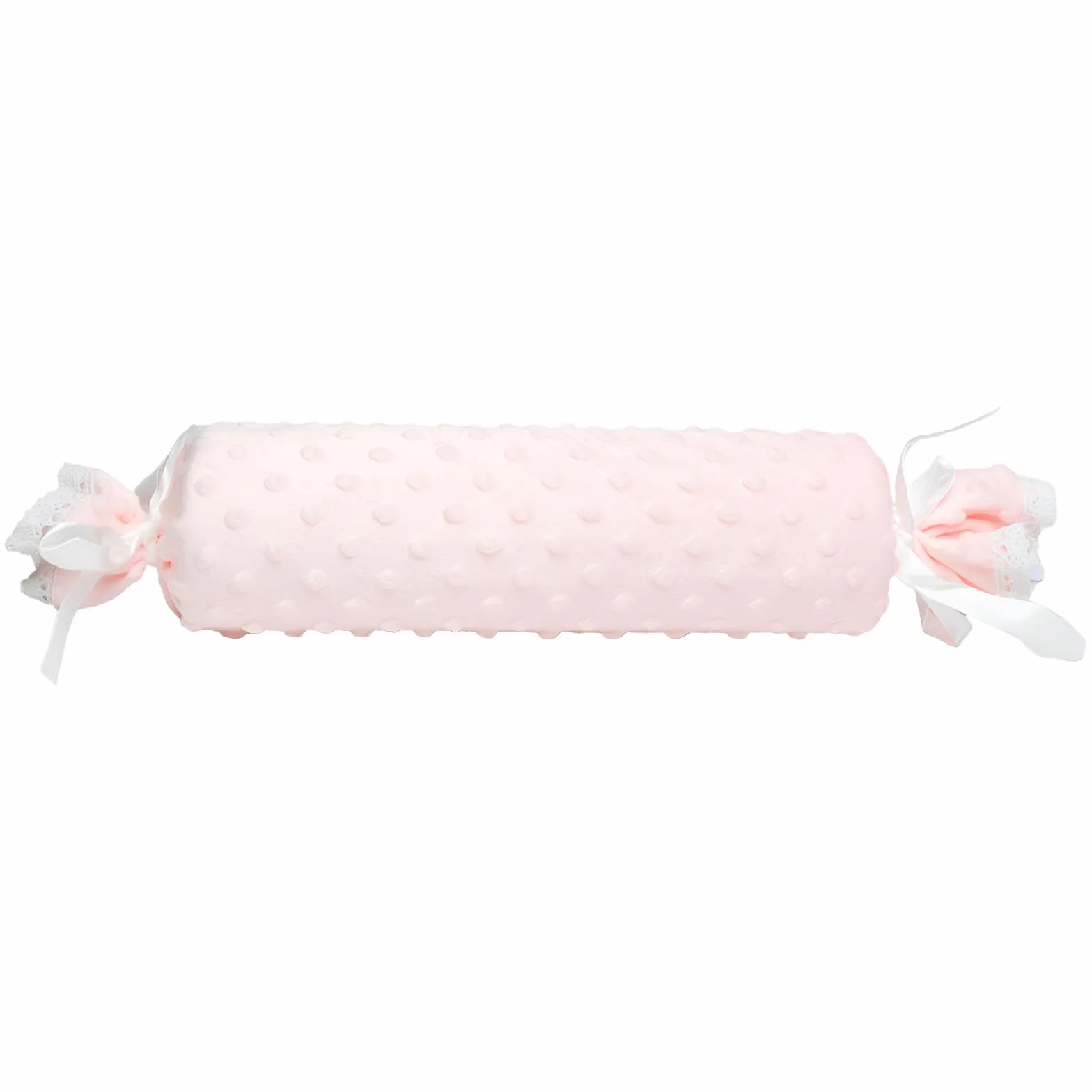 Cojín en Forma de Caramelo para Bebé – Textura Extra Suave de Burbujas, Personalizado con el Nombre del Bebé Bordado y Puntilla de Encaje, Desenfundable.Multicolor para escojer. Color Rosa