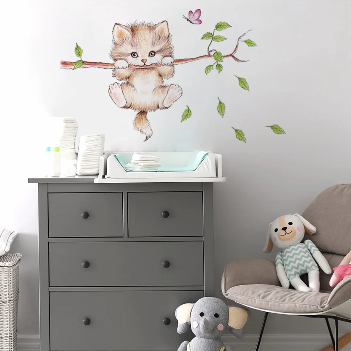 WandSticker4U®- Pegatinas pared infantiles GATO en RAMA (70x55 cm) I vinilo adhesivo pared infantil animales bosque árbol rama hojas I decoración habitación infantil niños bebé niña