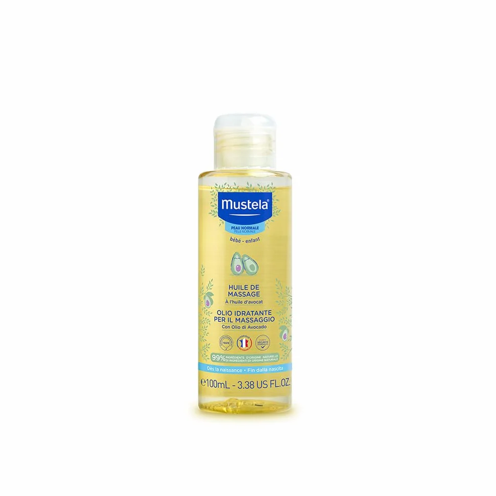 Mustela Aceite Hidratante de Masaje Infantil con Aguacate, Granada, Girasol, Cuerpo para Bebés y Familia - Hidrata y Mantiene la Piel Suave, 99% Ingredientes de Origen Natural (100ml)
