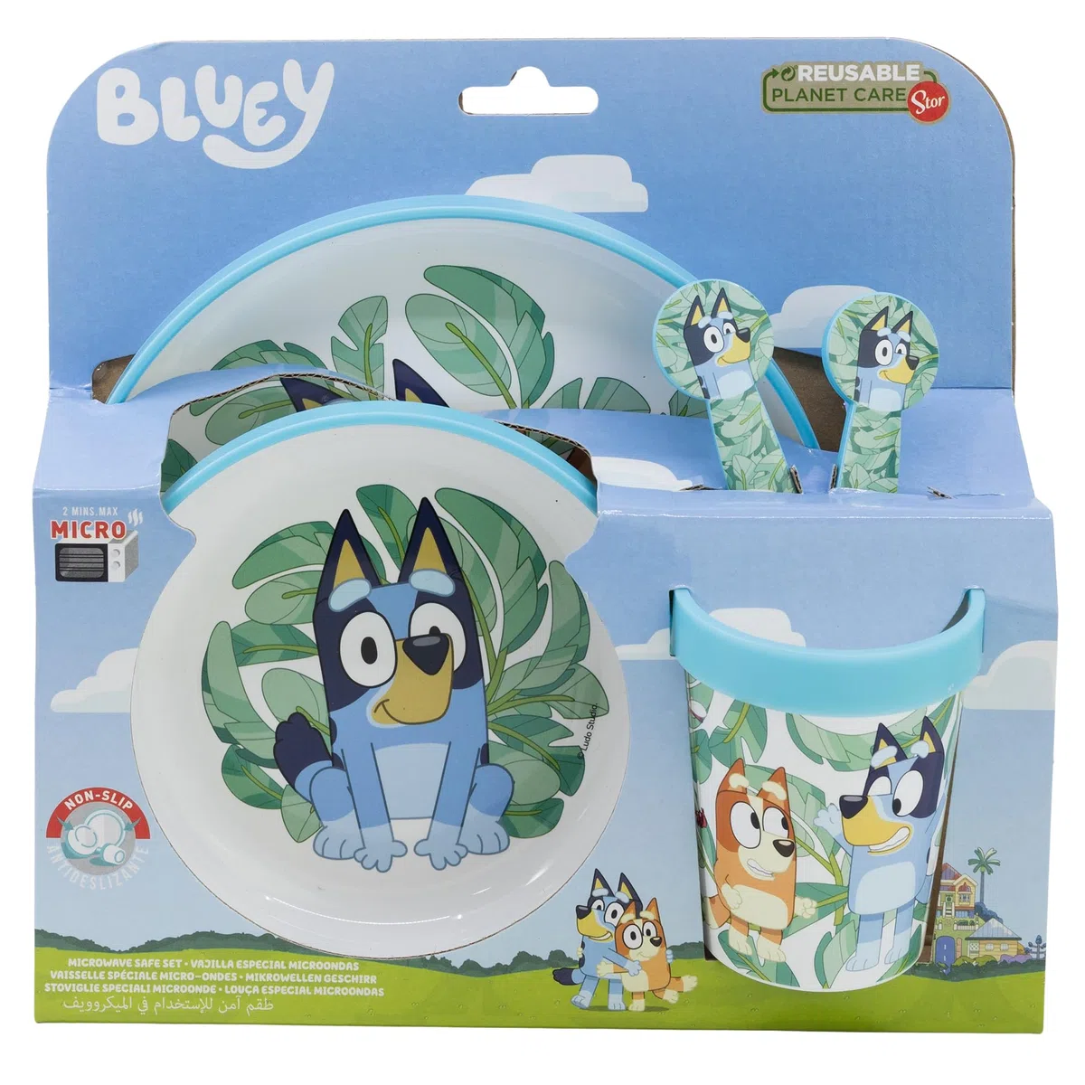 SET 5 PCS ANTIDESLIZANTE (PLATO, CUENCO, VASO Y CUBIERTOS) PREMIUM BICOLOR EN CAJA BLUEY