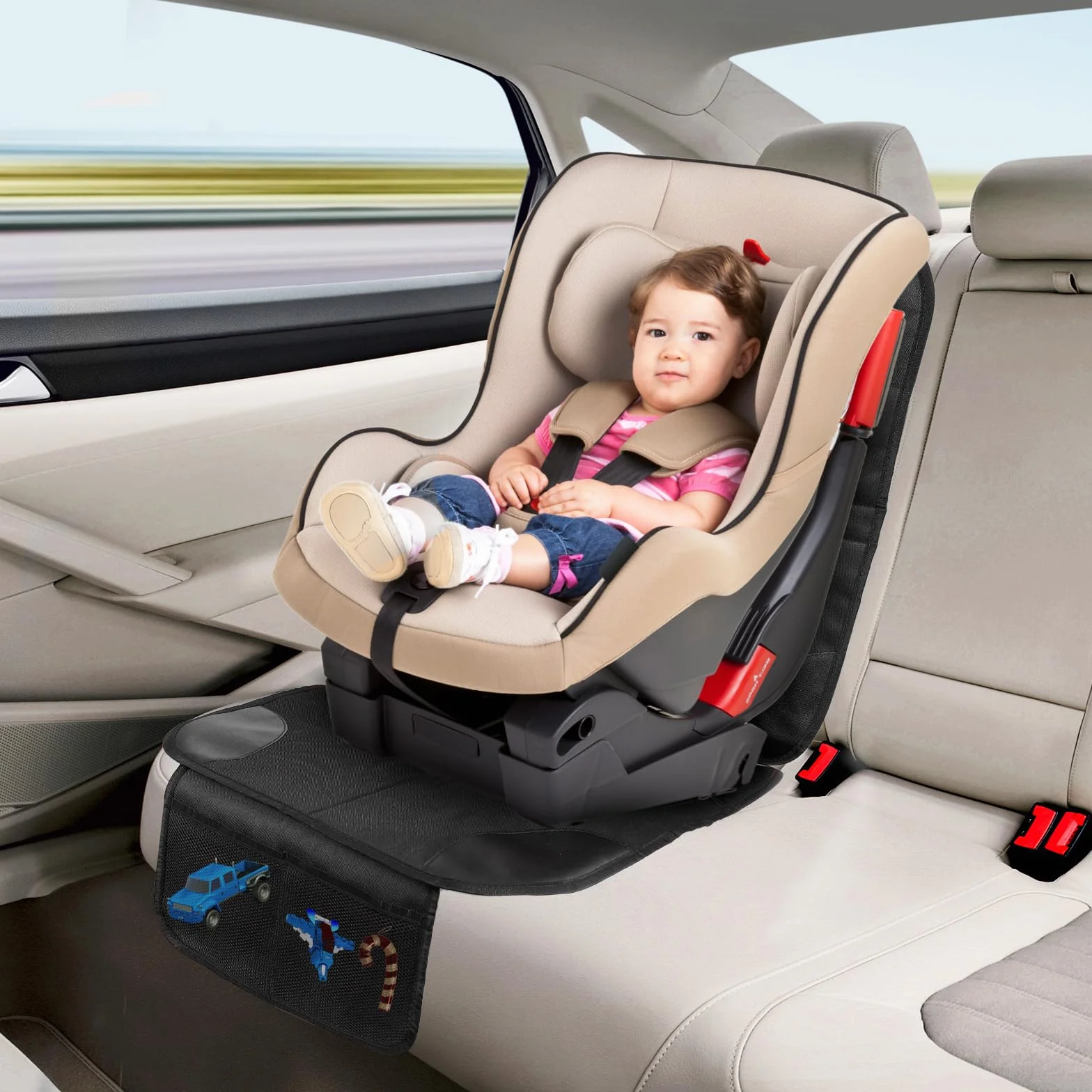 AiQInu Protector Asiento Coche Impermeable Antideslizante Compatible Niño 2 Bolsillos Almacenaje Cuero Tela