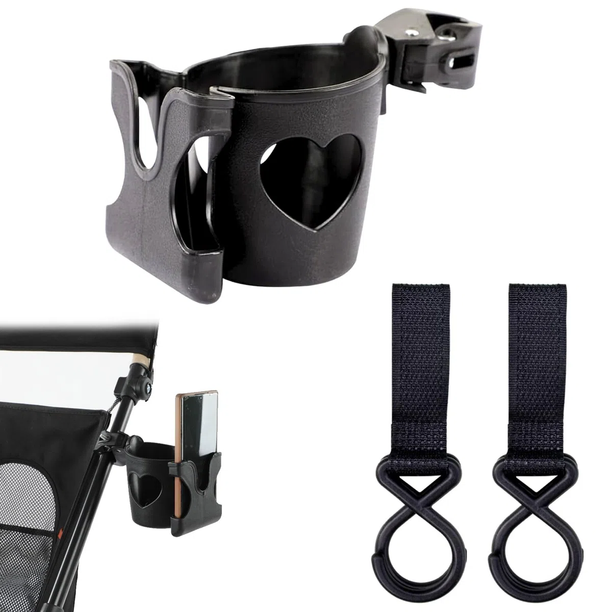 Set de portavasos universal, con portavasos en forma de corazón y 2 correas con ganchos, caja de almacenamiento para teléfono, desmontable y portátil, para botellas de agua, bicicletas(negro)