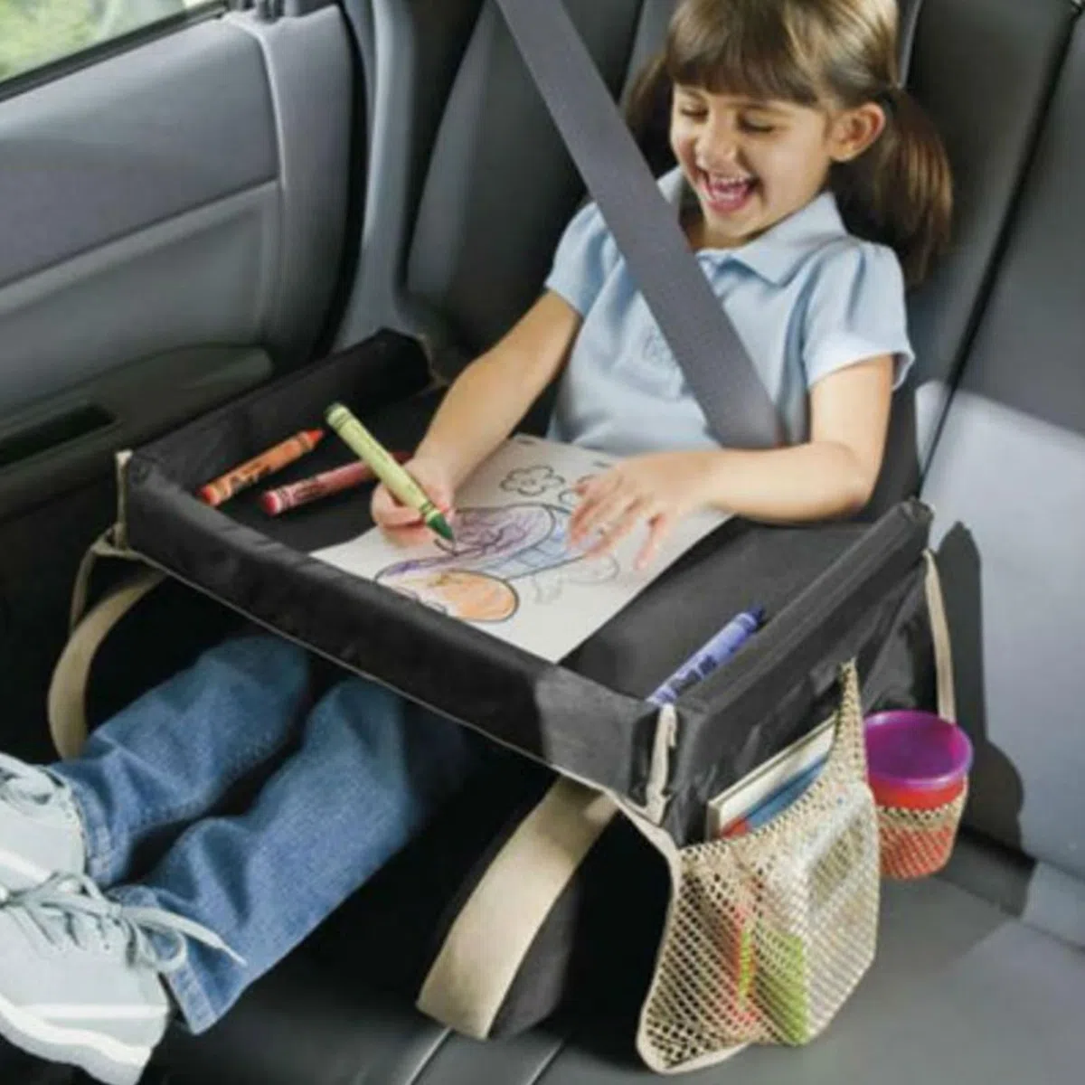 Bandeja de asiento de coche genérica, bandeja de asiento de coche para bebé, mesa de viaje plegable | Organización indispensable con correas ajustables para comidas portátil Actividades