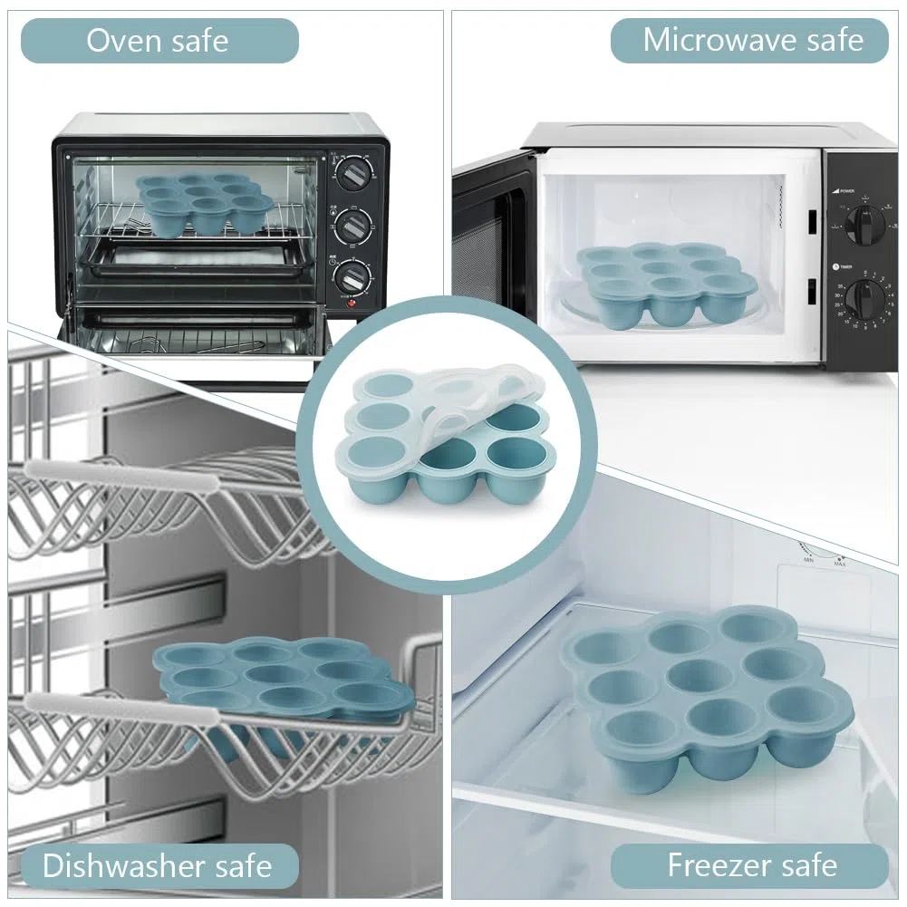 Aolso Recipiente para comida, Bandeja de Silicona para Comida,Silicona para Cubitos de Hielo, Envase de silicona para Congelar Alimentos y Papillas, Recipiente Molde para Comida,Azul -9cuadrados