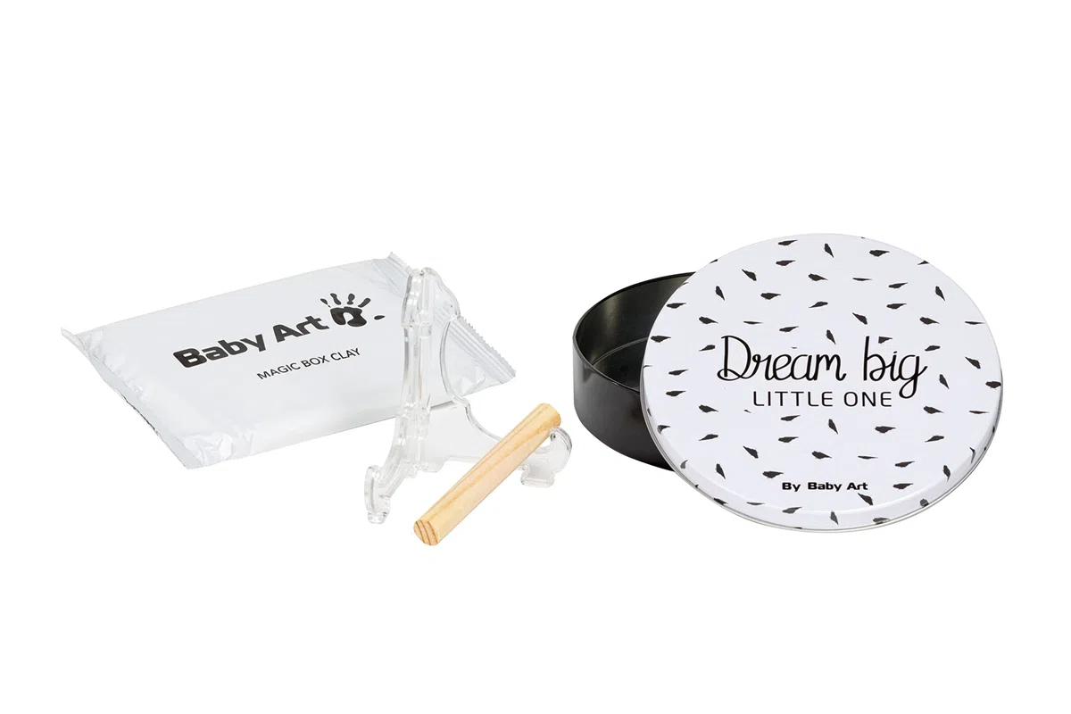 Baby Art Magic Box White and Black - Caja redonda de metal con kit de pasta moldeable, kit de huellas de manos y pies de bebé, regalo para nacimiento o bautizo, Blanco y negro