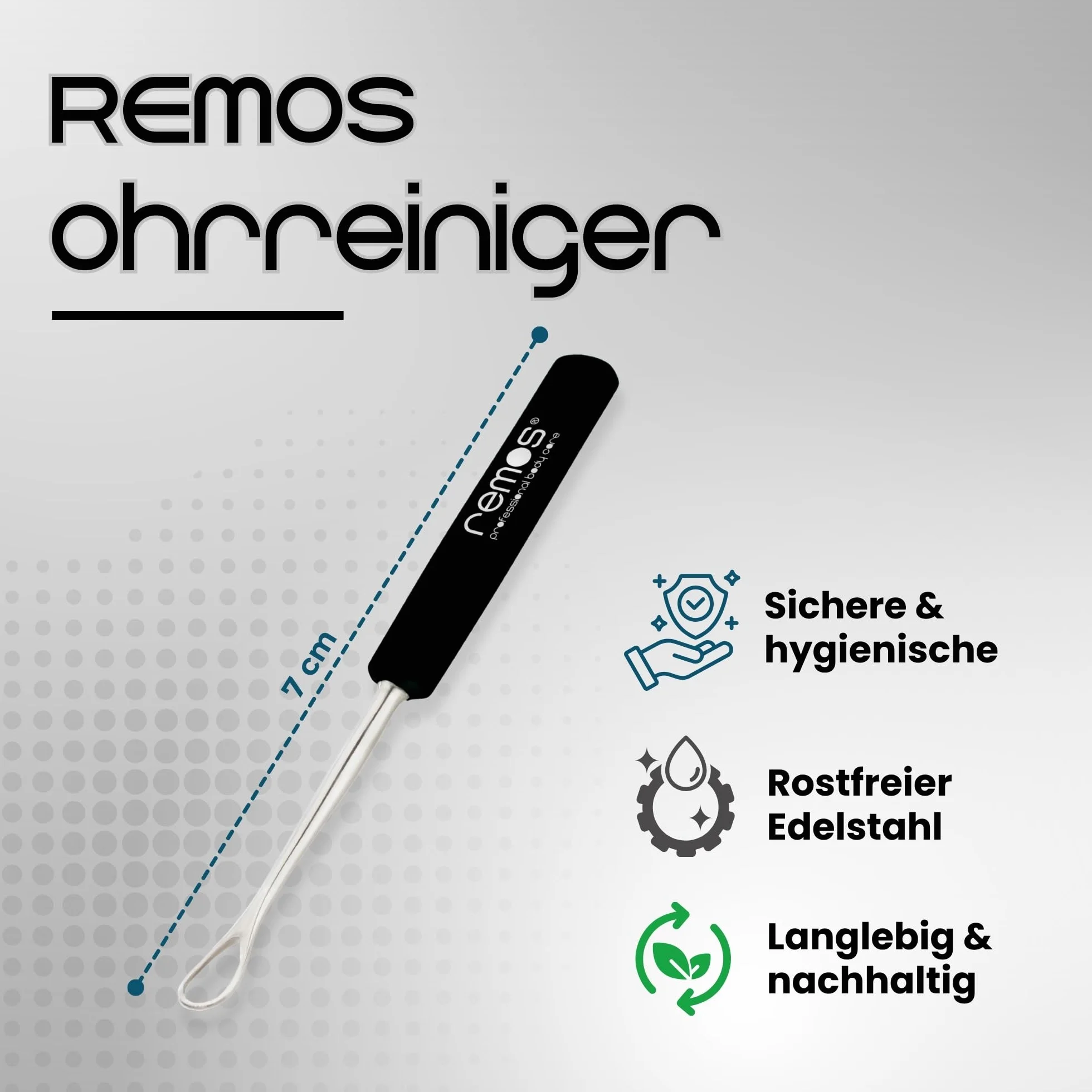 REMOS Limpiador de oídos de acero inoxidable | en negro| elimina el cerumen de forma segura y rápida | 7 cm