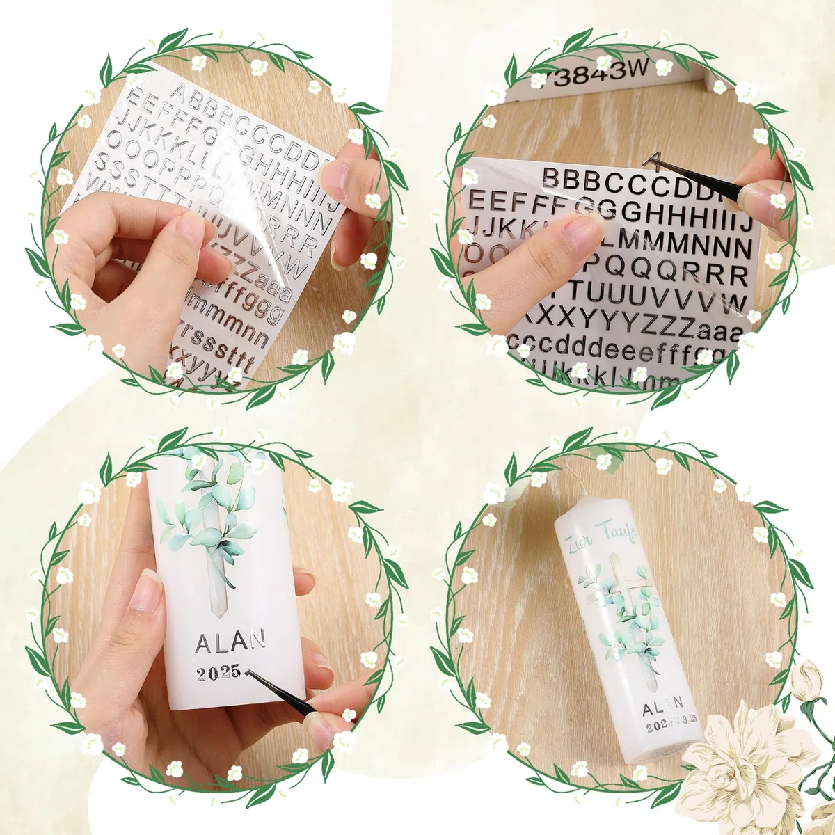 Taufkerze Taufgeschenk Kommunionkerze Set für Mädchen Jungen Taufe Kommunion Geschenk Stumpenkerze und Aufkleber für Taufe Erstkommunion(Eucalipto)