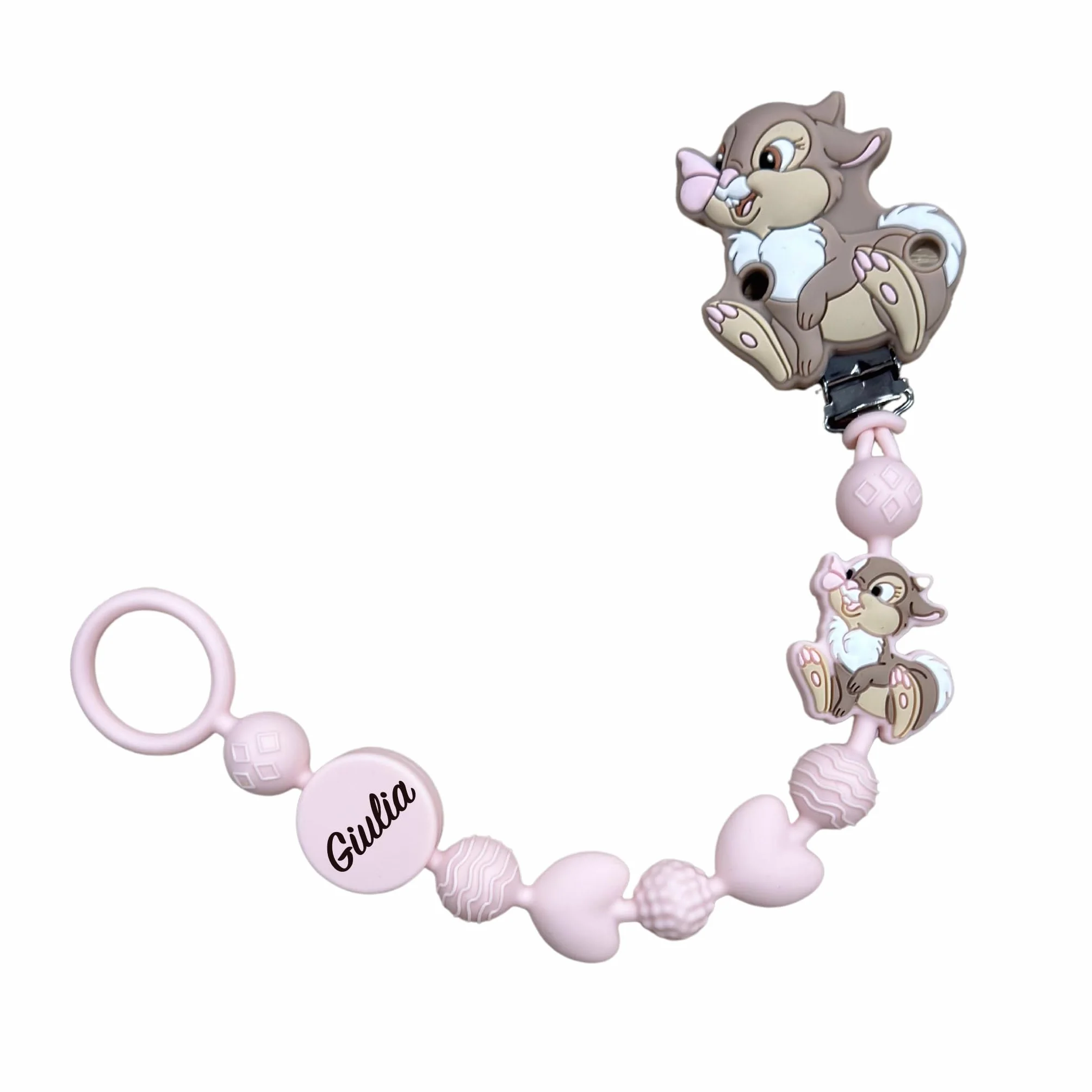 Cadena para chupete de silicona personalizada con nombre – Modelo Bubble Charm – Clip seguro – Idea regalo nacimiento – Conejita – Ultra ligera