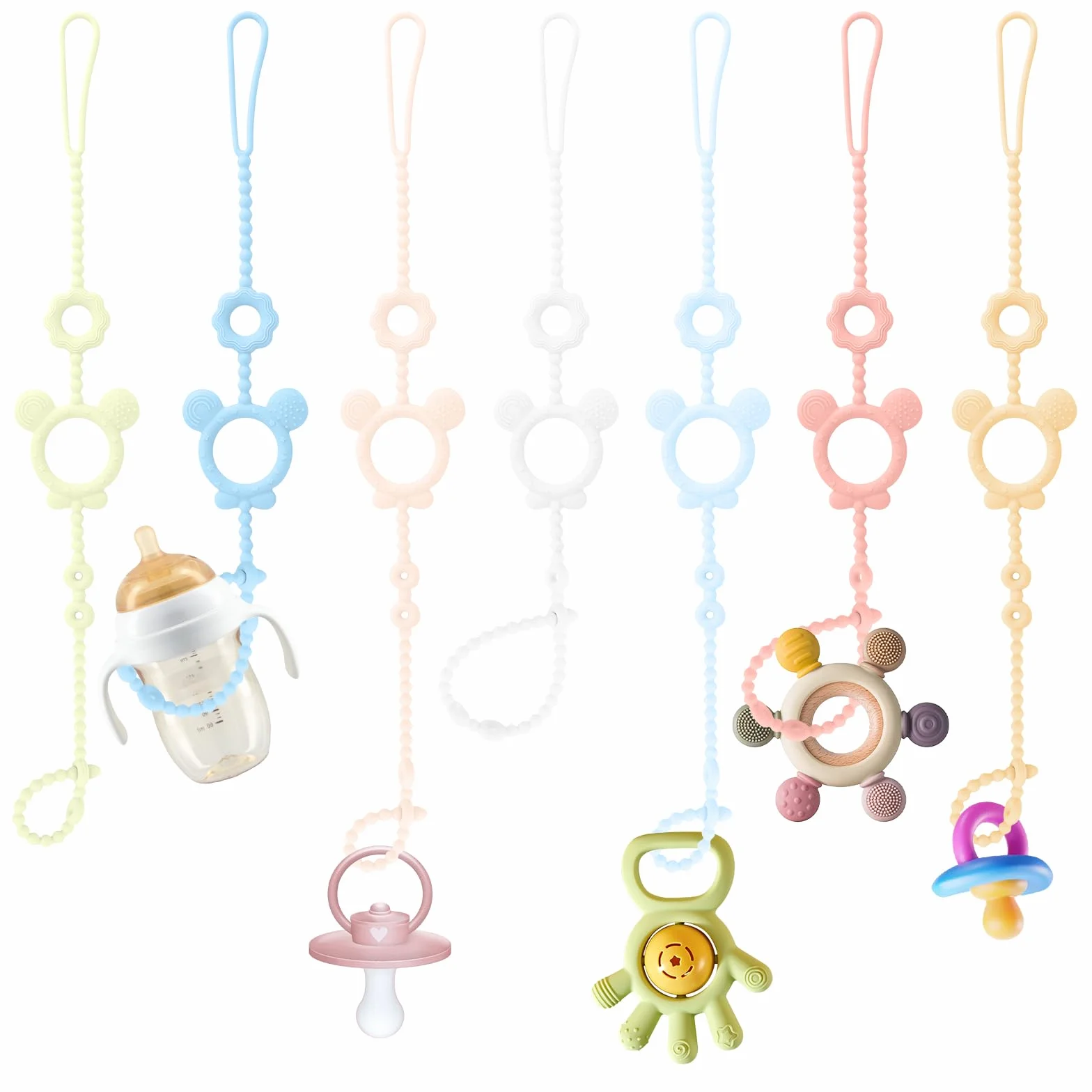 7 cadenas para chupete de silicona, para bebés y bebés, cinturones de seguridad para juguetes, correas ajustables para vasos, correas de soporte para cochecito, trona de asiento de coche