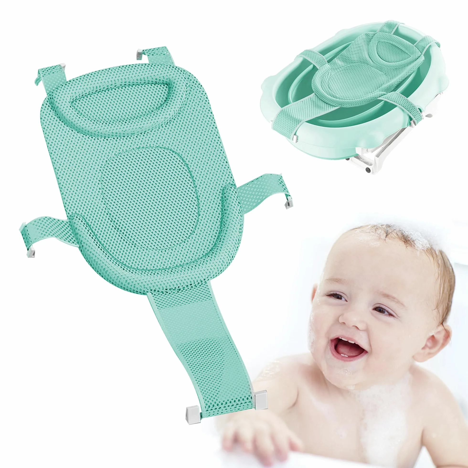 Red BañO Bebé Asiento Inserto - BañEra BebéS Ducha ReciéN Nacidos Malla NiñOs PequeñOs CóModos Accesorios Antideslizante Bolsillo Malla Bandeja Plegable Alfombrilla Verde Claro, 1 Pieza