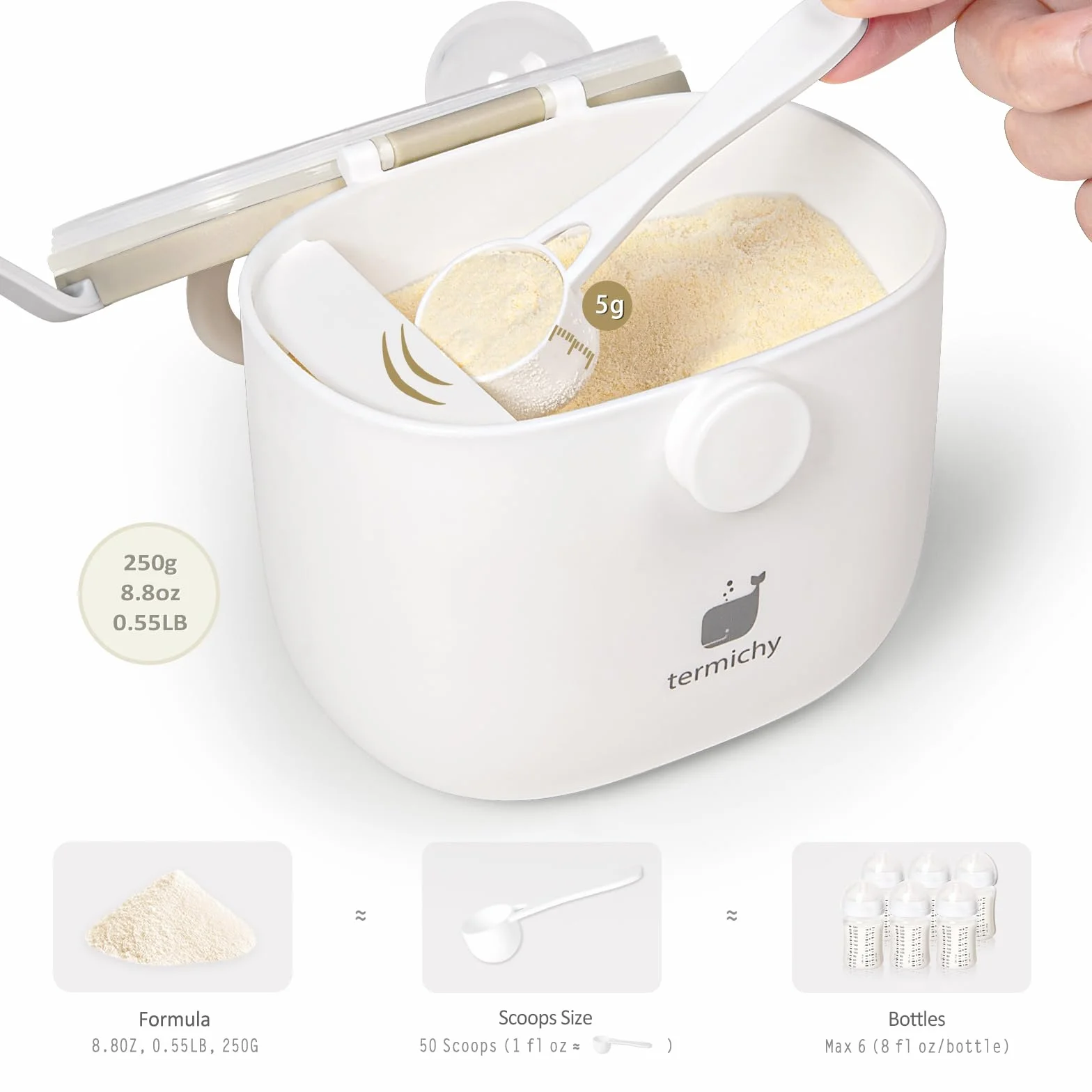 Termichy Porcionador de Leche en Polvo para Bebé, Dispensador de Leche en Polvo, 250g Contenedor Portátil Hermético para Leche en Polvo para Viaje, con Raspador y Cuchara (Caqui,1 Pieza)