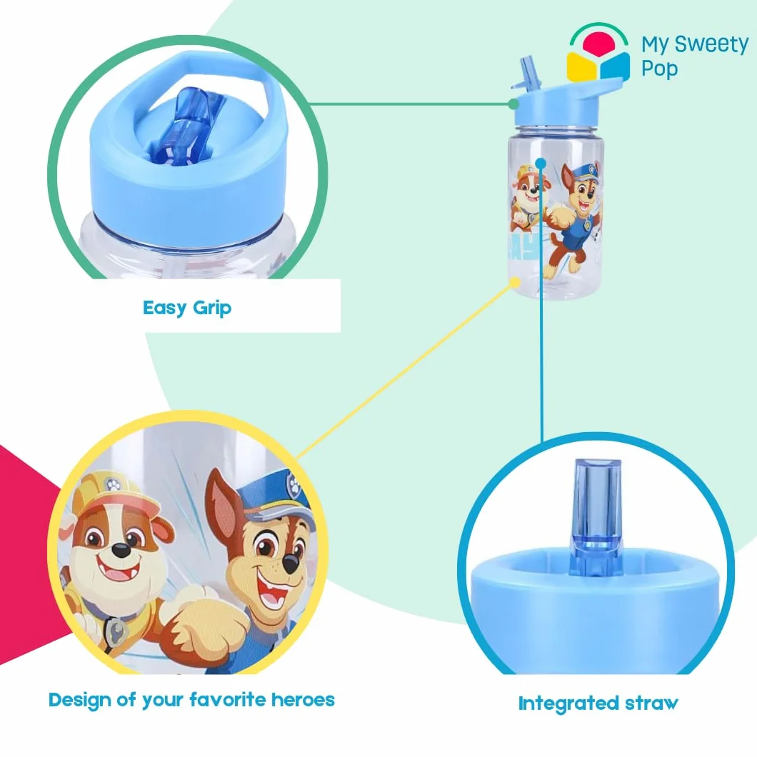 Botella de agua My sweety pop para niños, Paw Patrol, transparente, de plástico, para niños, guardería, escuela, vacaciones, comida, 12 cm, 450 ml, hidratación, idea de regalo