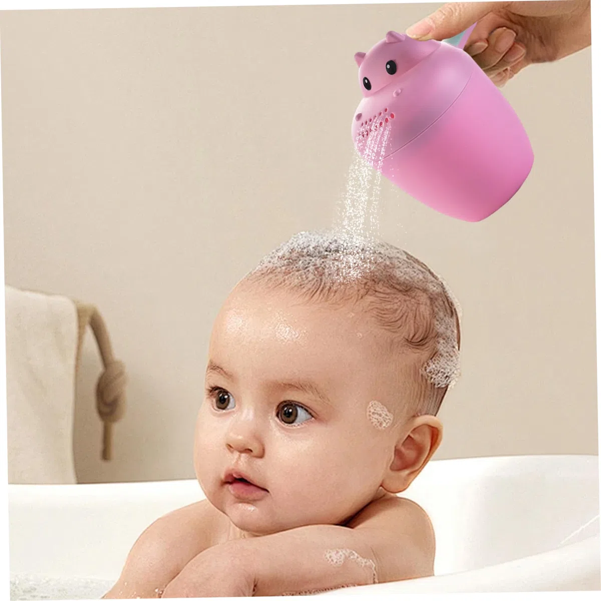 Jarra de baño para lavado de bebés, jarra de baño de bebé hipopótamos de 5.5x2.8 con mango sin deslizamiento, taza de enjuague a prueba de salpicaduras perfecta para lavado de cabello para niños pequ