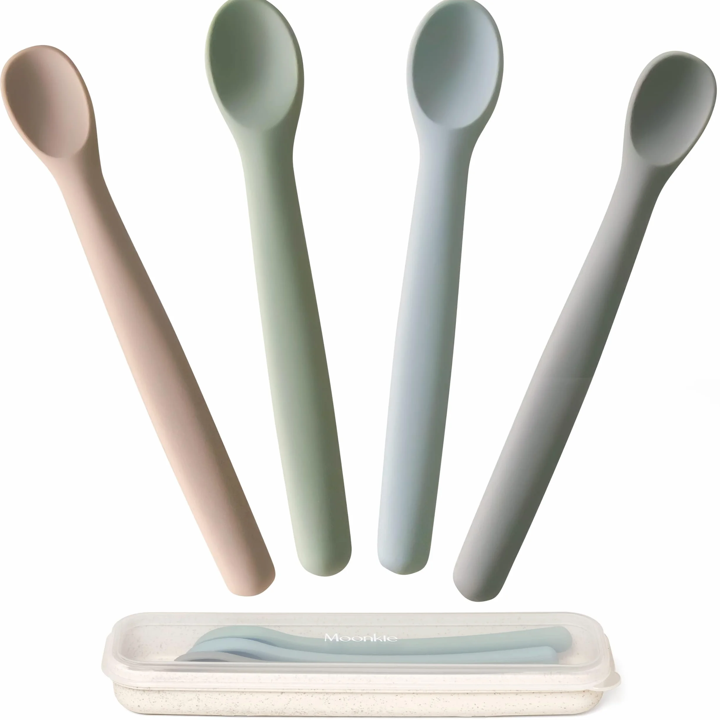 Moonkie Cuchara Bebe, 4 PCS Cucharas Silicona de Aprendizaje para Bebés, Blandas para Primera Fase, Suaves y Flexibles, Muy Adecuadas para Autoalimentación y Destete Guiado