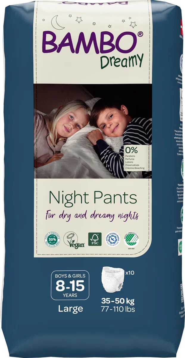 Bambo Nature Dreamy Night Pants - Pañales (niños de 8 a 15 años, 35 a 50 kg), 10 unidades, pañales ecológicos que mantienen las camas secas toda la noche, pañales de entrenamiento para dominadas