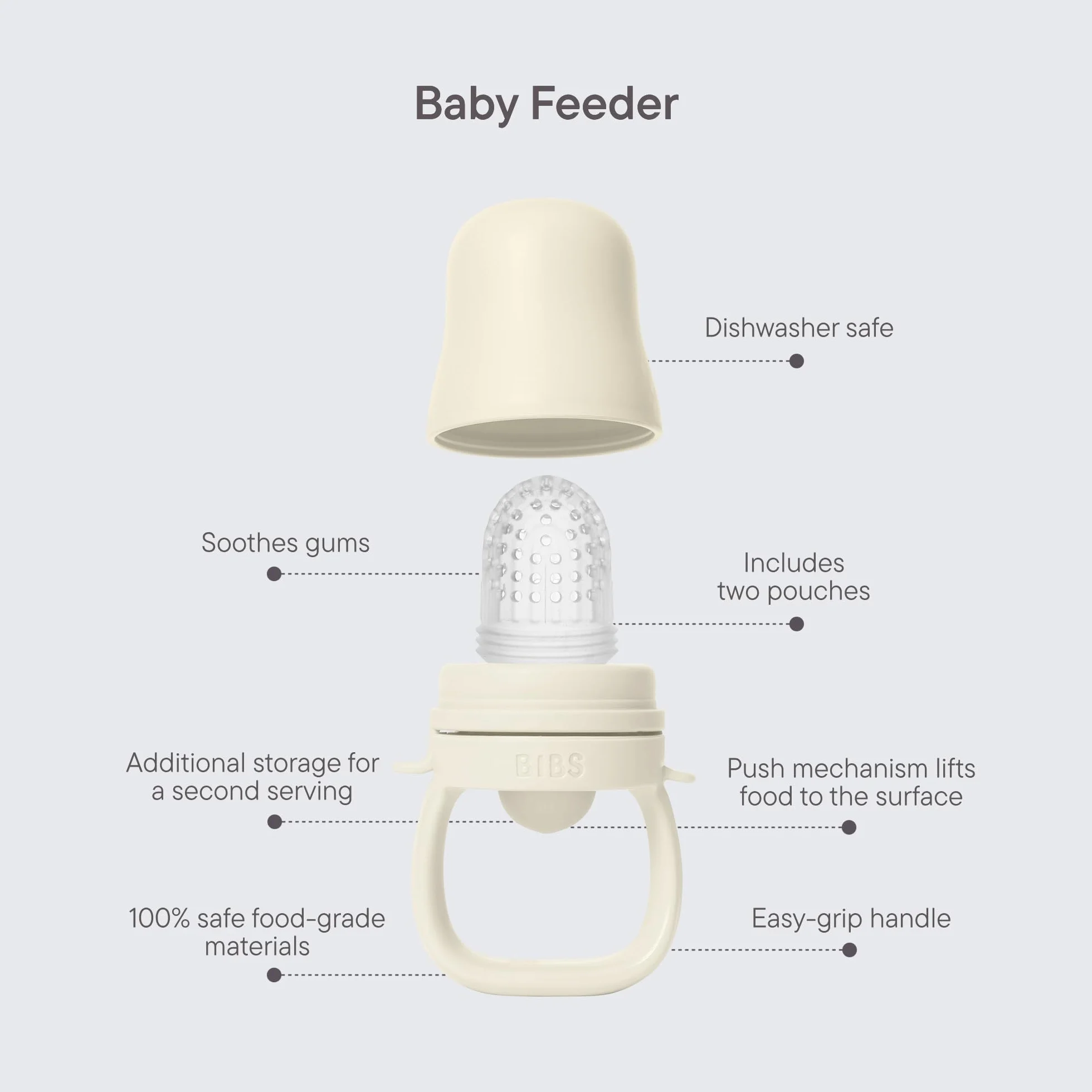 Alimentador para bebés BIBS con 2 tetinas de silicona, compatible con bandeja para congelador, fácil agarre, sin BPA, a partir de los 4 meses - Fossil grey
