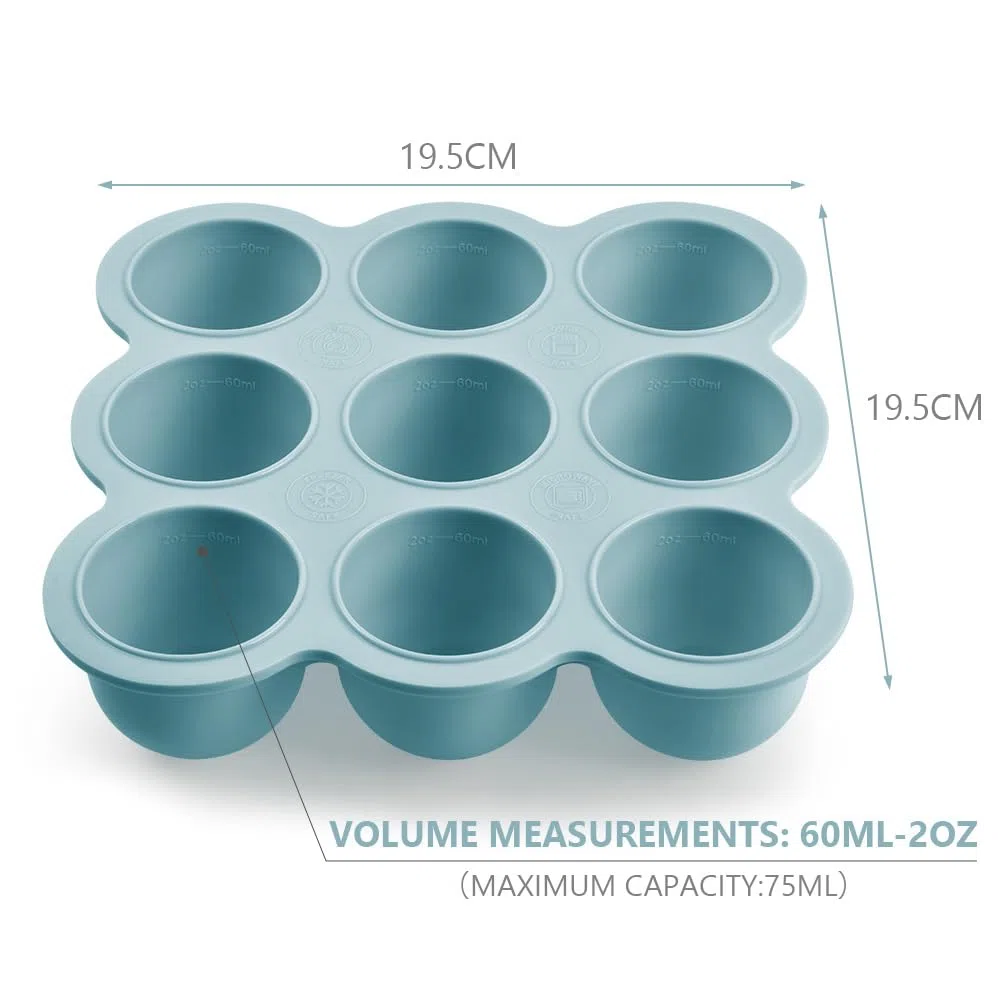 Aolso Recipiente para comida, Bandeja de Silicona para Comida,Silicona para Cubitos de Hielo, Envase de silicona para Congelar Alimentos y Papillas, Recipiente Molde para Comida,Azul -9cuadrados