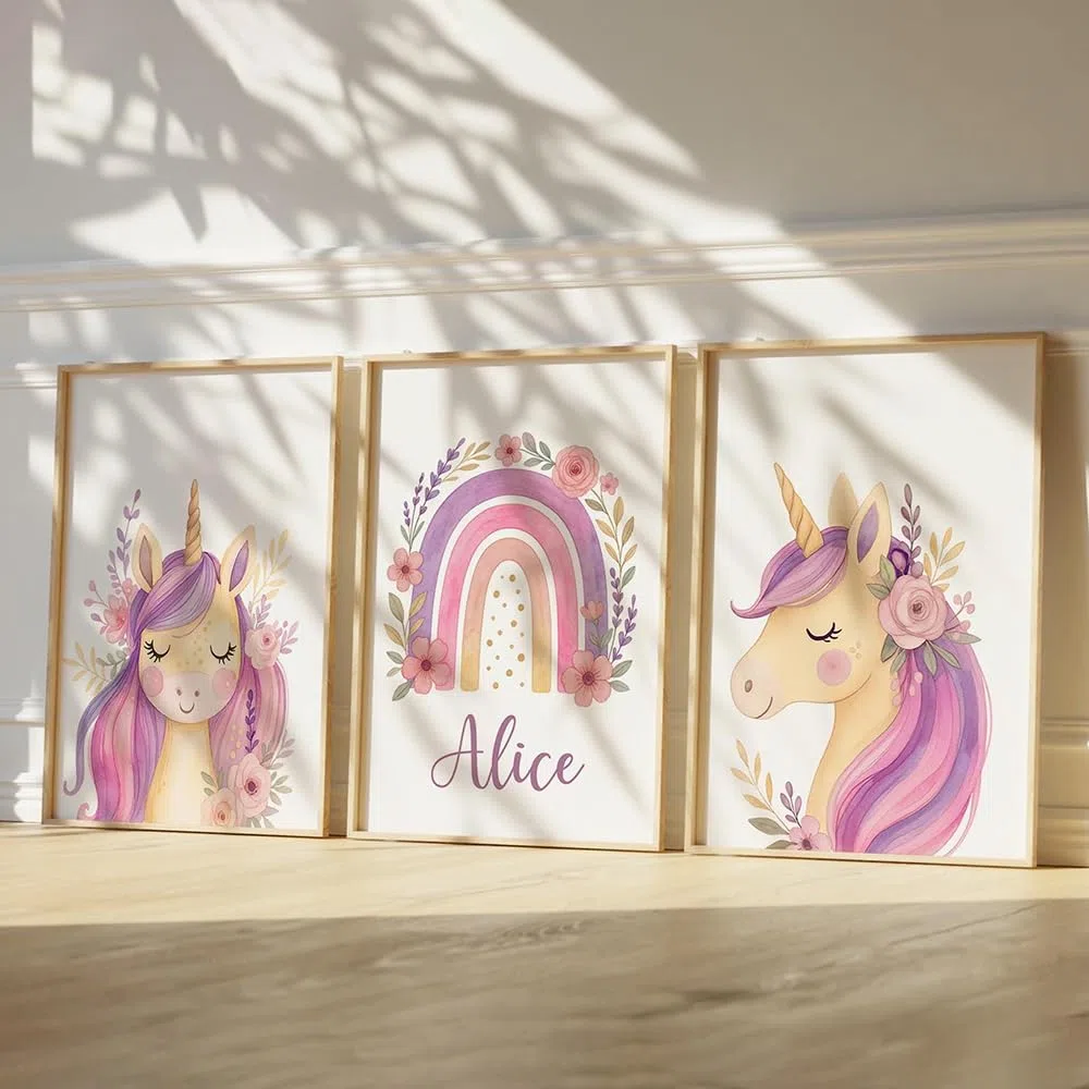 3 Laminas Decorativas Unicornio 30X40CM Poster Personalizado Habitacion Bebe Cuadros Habitacion Bebé Niña Rosa Unicornio Lienzo Decorativo Bebe Infantil Cuadros Personalizados Niña Rosa sin Marco