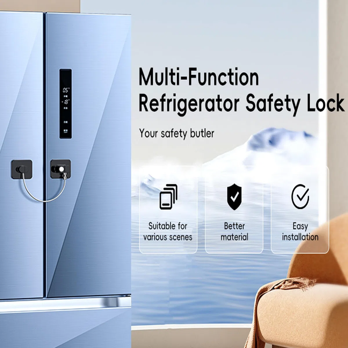 Candado Nevera para Bebés y Adultos, Paquete de 2 Cerraduras para Frigorífico, Cierre de Seguridad Autoadhesiva para Refrigeradores, Armario, Puertas de Gabinetes, Cajones y Ventanas-2 Pieza Negro