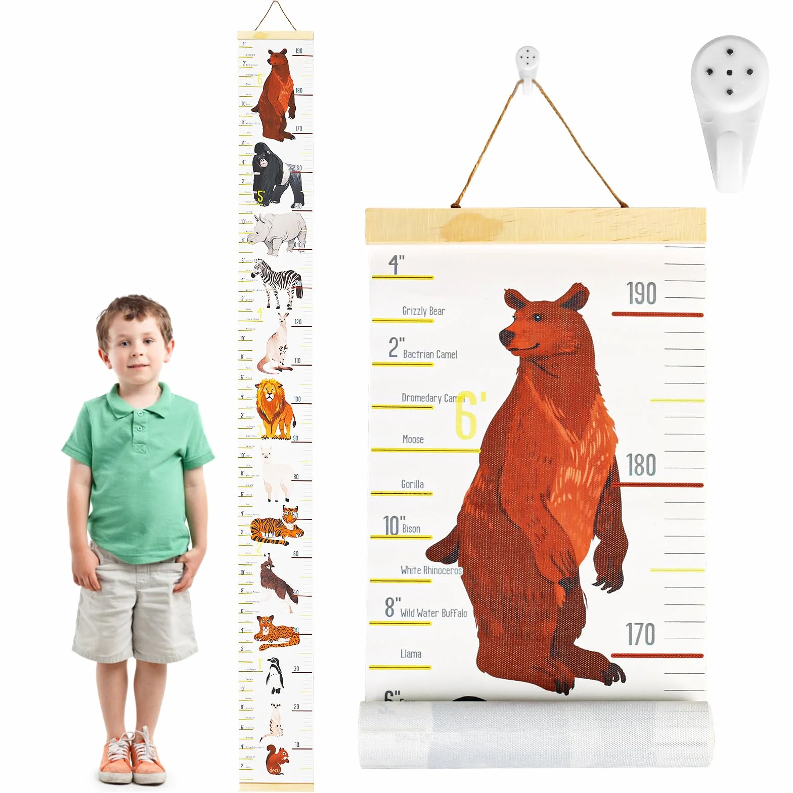 1 Medidor altura Gráficos de Crecimiento para Colgar en la Pared - Tabla de crecimiento de la altura del bebé- Diseño animal - Blanco - 195 x 20 cm - Sin rastro de gancho