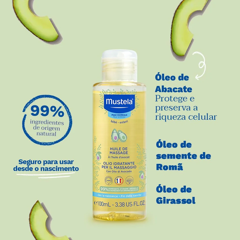Mustela Aceite Hidratante de Masaje Infantil con Aguacate, Granada, Girasol, Cuerpo para Bebés y Familia - Hidrata y Mantiene la Piel Suave, 99% Ingredientes de Origen Natural (100ml)
