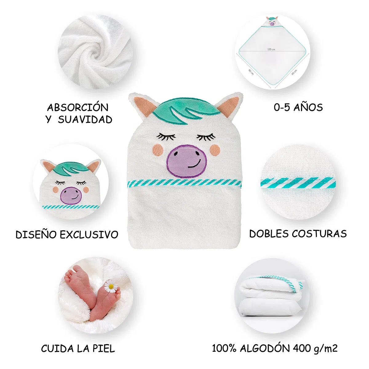 Toalla Bebé con Capucha Capa Baño Infantil 100% Algodón Diseñado en España Regalo Recién Nacido Niñas Niños de 1,2,3,4 y 5 años Unisex 90X90 cm Suave Absorbente 0-5 Años Pony