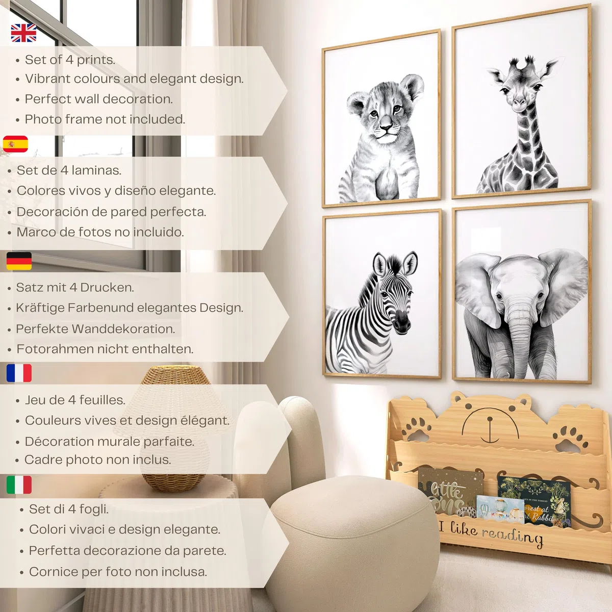 ayurvana Set de 4 Láminas Safari en Blanco y Negro – Cuadros Infantiles de Alto Contraste para Estimulación Visual de Recién Nacidos – Decoración Habitación Bebé Estilo Nórdico y Montessori – A4