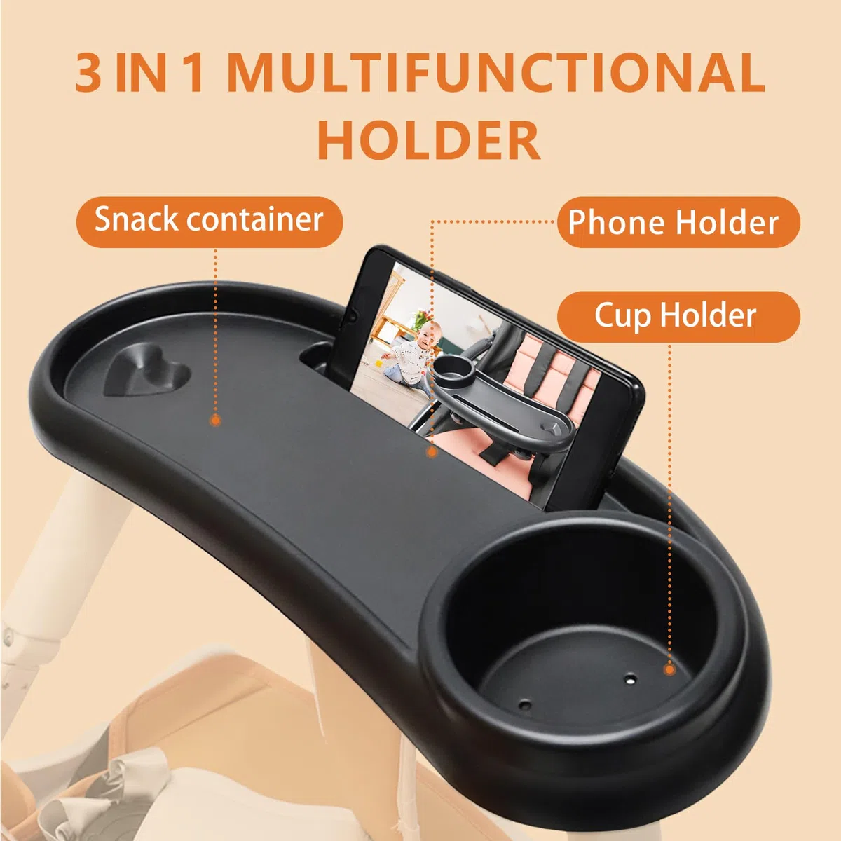 Bandeja Universal para Cochecito 3 en 1, Portavasos Carrito Bebe con Bandeja para Snacks, Accesorios Carro Bebe Giratoria de 360 Grados Adecuado para Cochecitos Actividades al Aire Libre