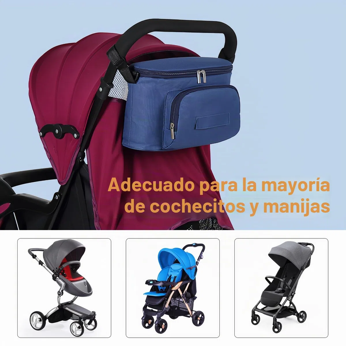 Bolsa Organizadora de Cochecitos, Bolso Carrito Universal, Impermeable Bolsa para Carro Bebe, con 2 Sujetavasos Portavasos Aislados y Espacio de Almacenamiento Grande, Para Biberones, Pañales (Azul)