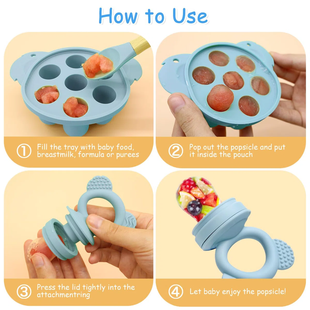 JoyPlus Chupete Fruta Bebe con 3 Tetinas de Silicona sin BPA, Chupete para Fruta Bebe y Bandejas para Congelar Comida de Bebé con Tapas para Leche Materna, Mordedor Fruta Bebe de 3 6 12 24 Meses