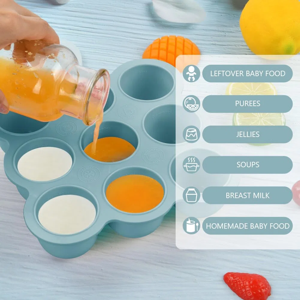 Aolso Recipiente para comida, Bandeja de Silicona para Comida,Silicona para Cubitos de Hielo, Envase de silicona para Congelar Alimentos y Papillas, Recipiente Molde para Comida,Azul -9cuadrados