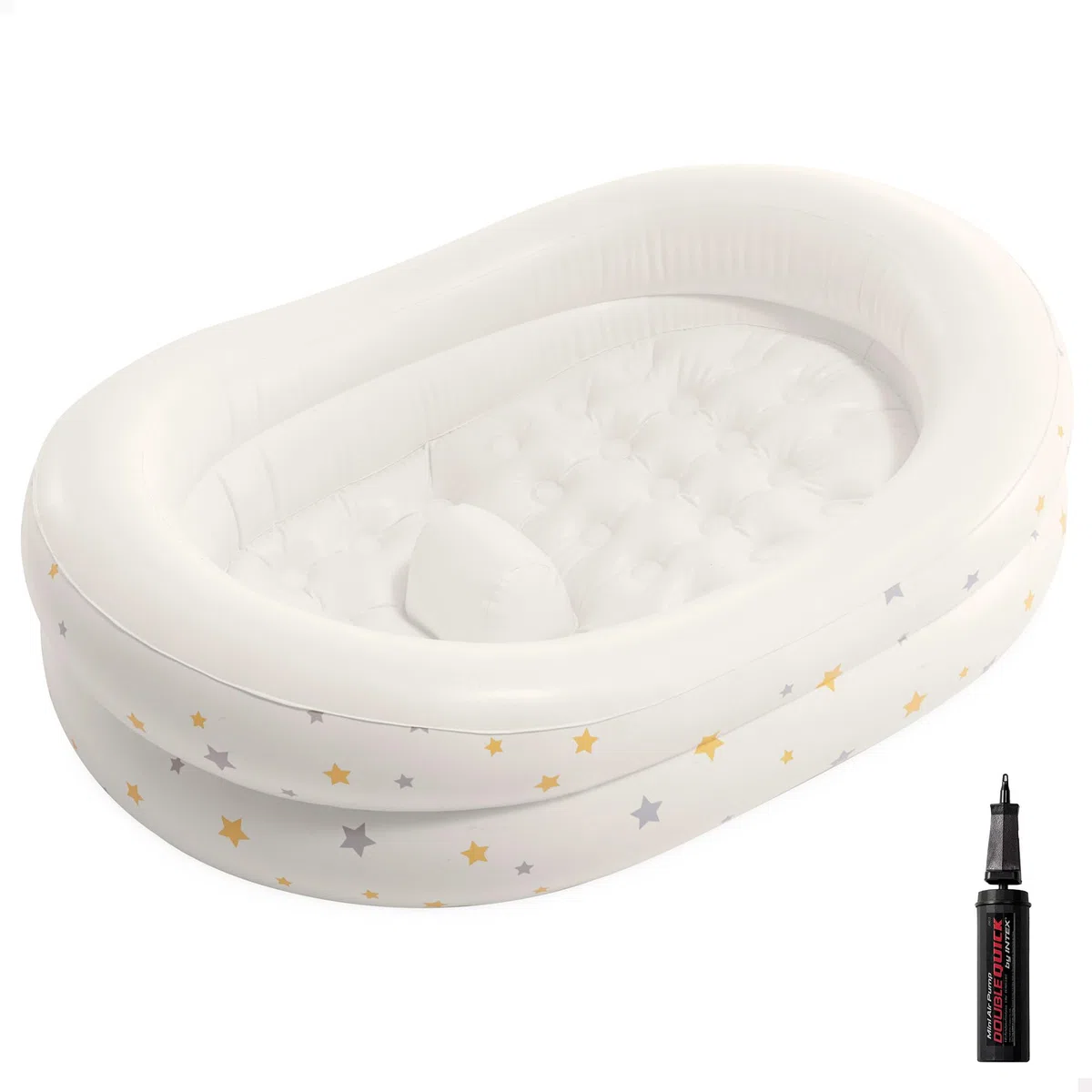 Intex Bañera bebé hinchable, Mide 66x89x25 cm, Superficie acolchada y suave, Incluye hinchador, Parche reparación, Conector de drenaje, Piscinas desmontables para niños (48523)