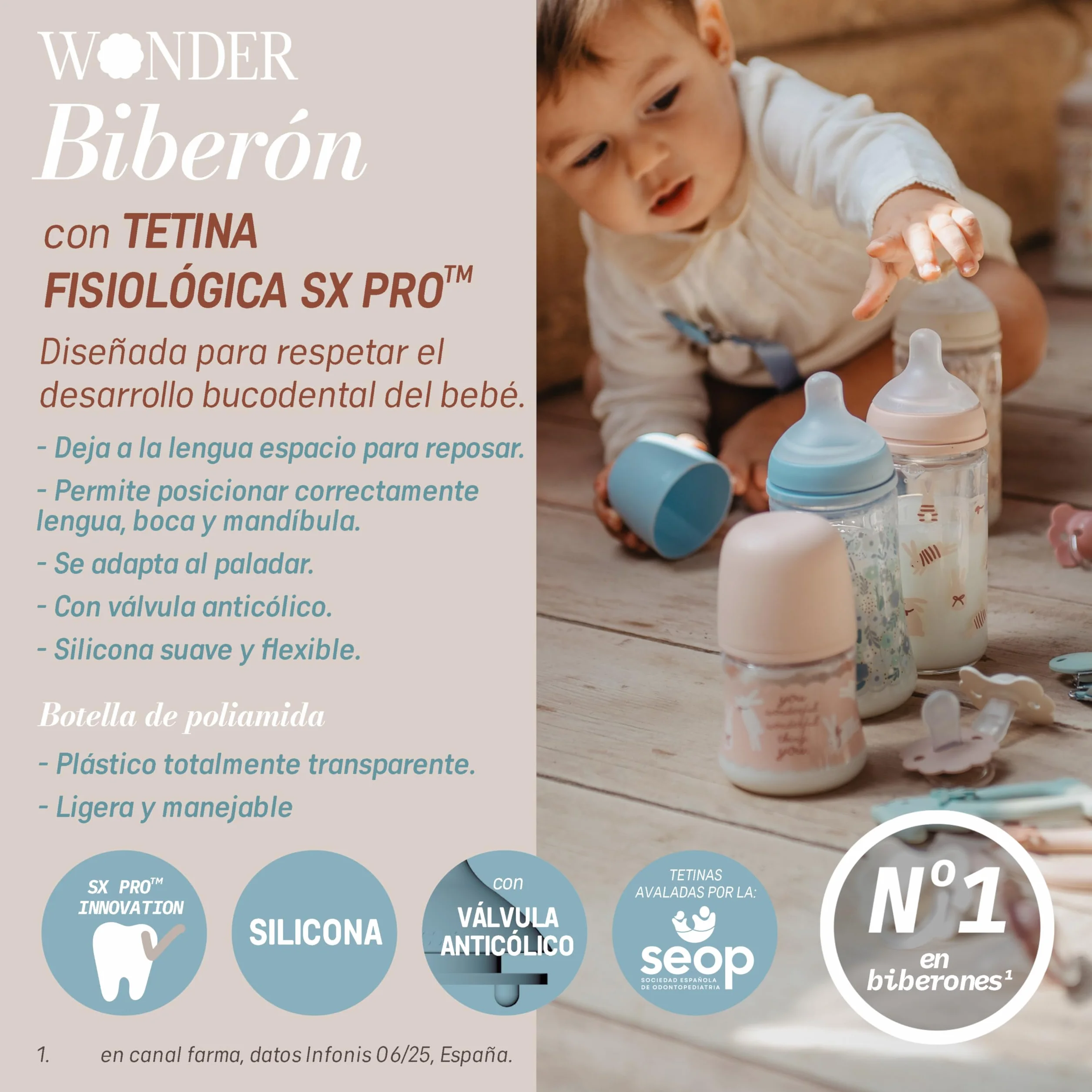 Suavinex, Biberón 360 ml, con Tetina Fisiológica SX Pro de Silicona, con válvula Anticólico, de Flujo Denso (L), para Líquidos Densos, Apto Papillas Líquidas. Bebés +6 Meses. Wonder, Flores, Rosa