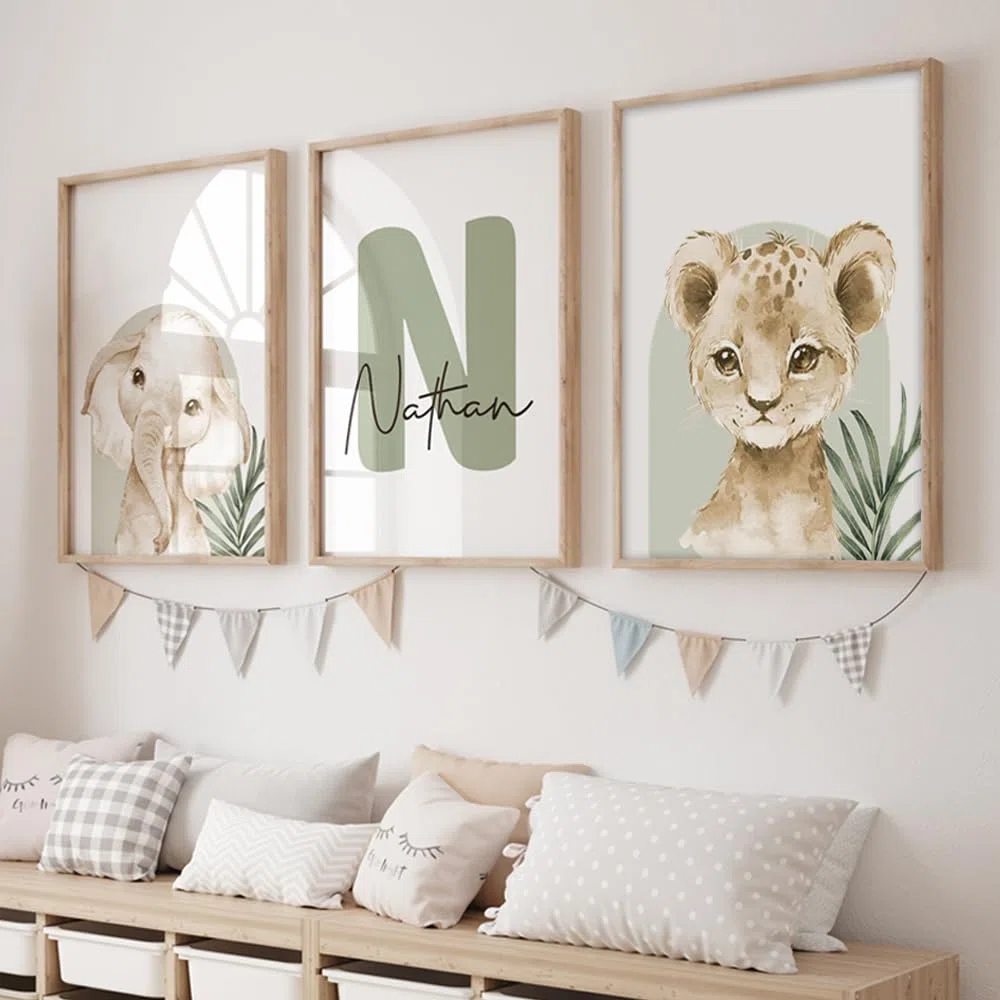 3 Laminas Animales Infantiles Personalizadas 30X40CM Poster Habitacion Bebe Cuadros Safari Infantil Niño Beige Verde Lienzo Infantil Selve Laminas Animales Salvajes Bebe Niño Habitacion sin Marco