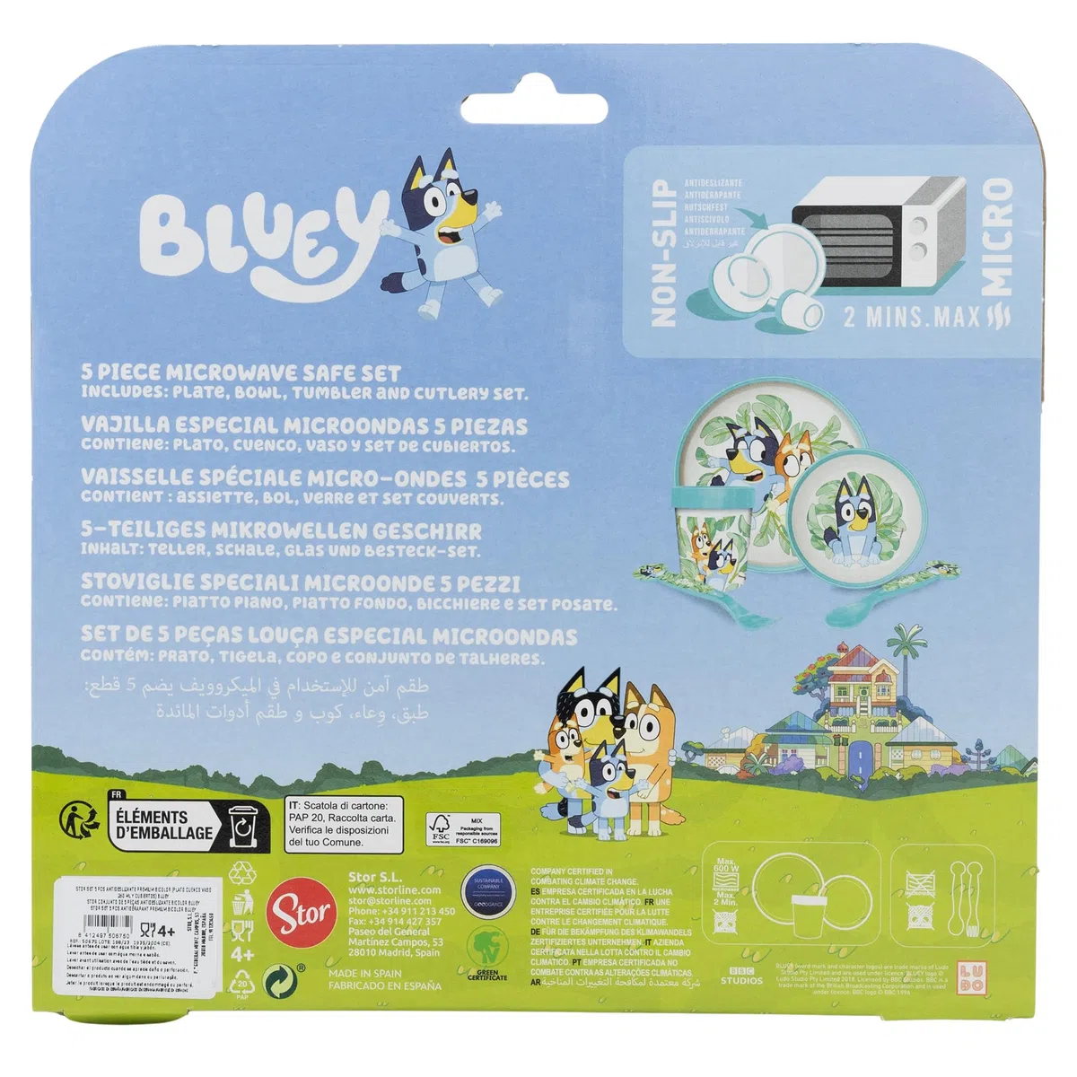 SET 5 PCS ANTIDESLIZANTE (PLATO, CUENCO, VASO Y CUBIERTOS) PREMIUM BICOLOR EN CAJA BLUEY