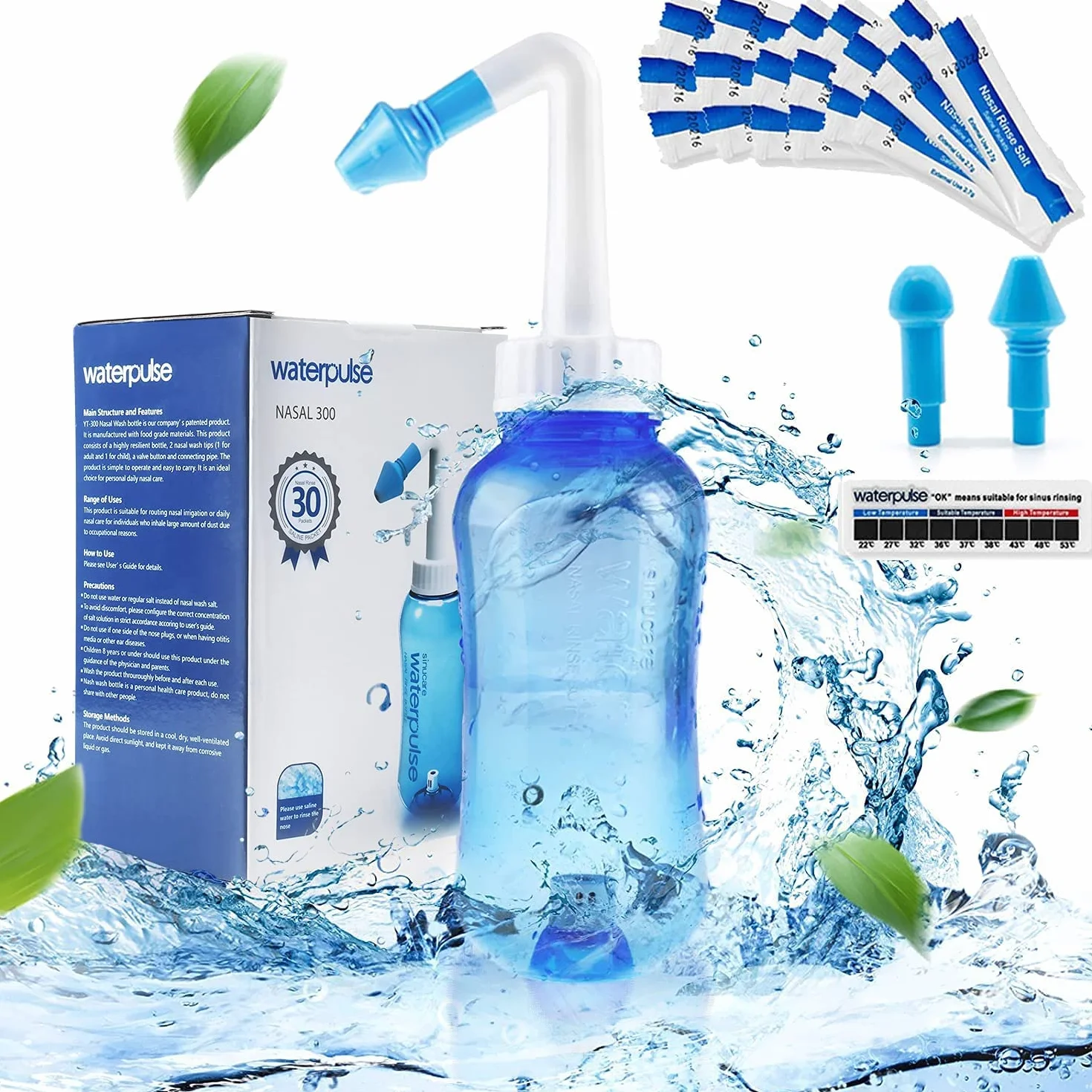 WATERPULSE Neti Pot Sinus Botella de enjuague 300 ml, limpiador de nariz, con 30 paquetes de sal y un termómetro, del limpiador nasal Riego a presión para adultos y niños, sin BPA,Azul