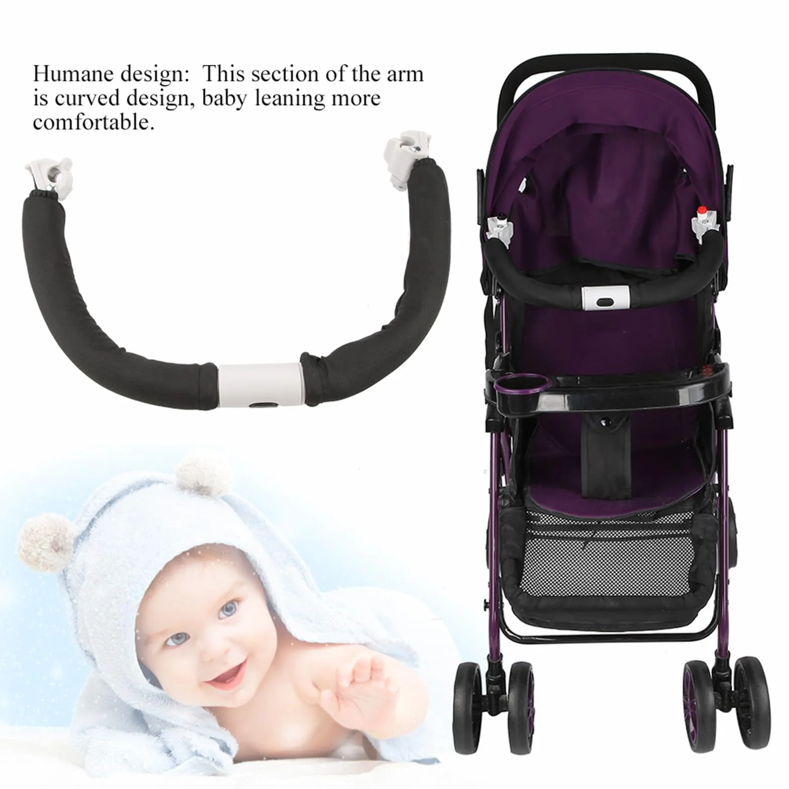Manillar ajustable para cochecito de bebé, accesorios para cochecito, barra de parachoques, mango para cochecito, reposabrazos, barandilla delantera desmontable, valla de seguridad (Black)