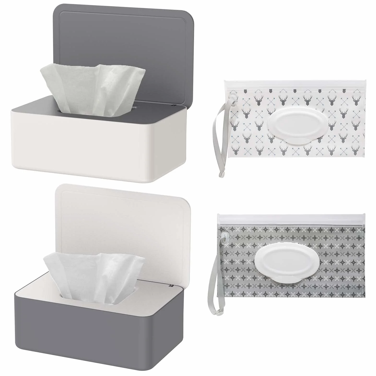 2 Piezas Caja para Toallitas y 2 Piezas Bolsa de Toallitas Húmedas, Caja para Toallitas Húmedas con Tapa Sello, dispensador de toallitas húmedas, caja para servilletas