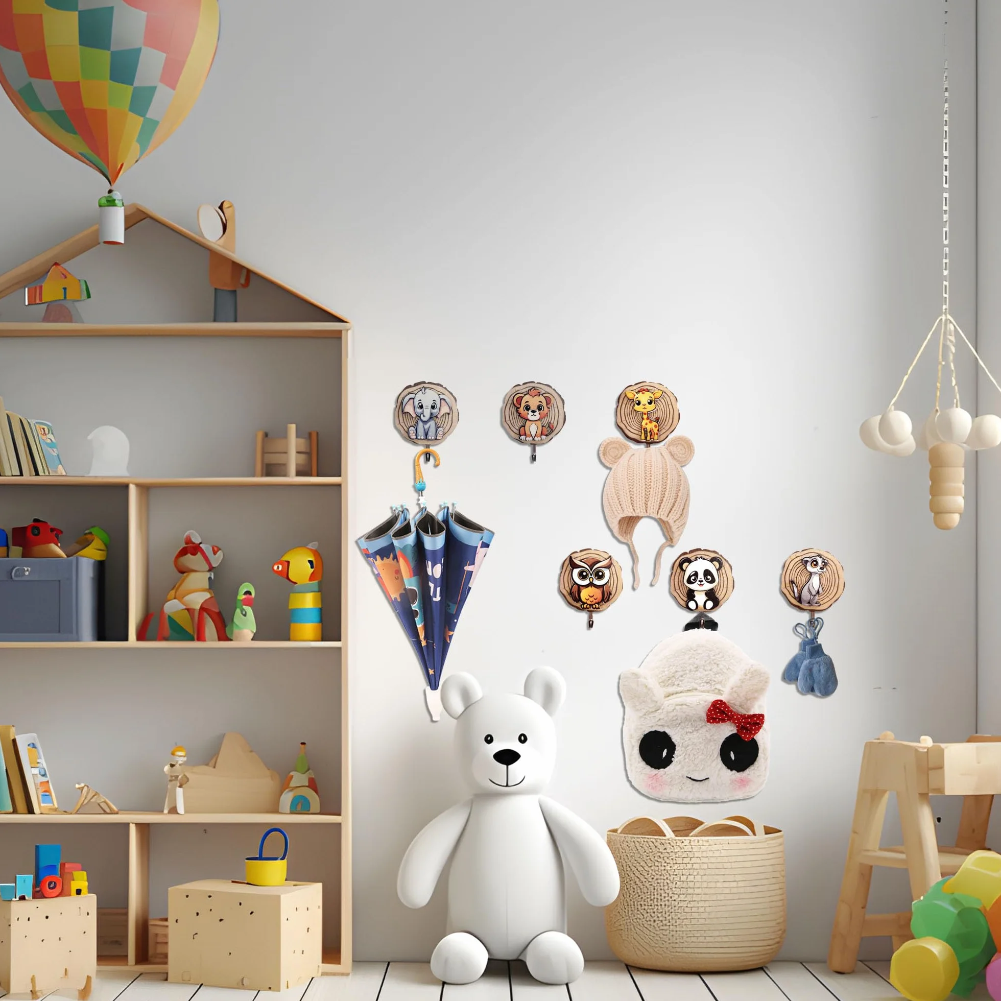 6 unidades de percheros infantiles, ganchos para ropa para niños en forma de animal, ganchos autoadhesivos, ganchos de pared de madera, sin taladrar, armario de habitación infantil, regalo