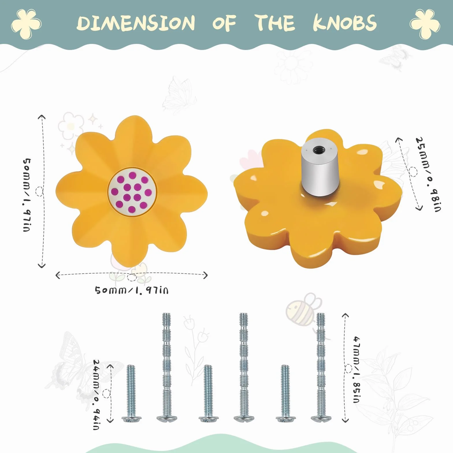 Juego de 6 pomos de goma suave para muebles de jardín de estilo místico, para niños, niñas, jóvenes, para armarios y cajones, juguetes (flores amarillas)