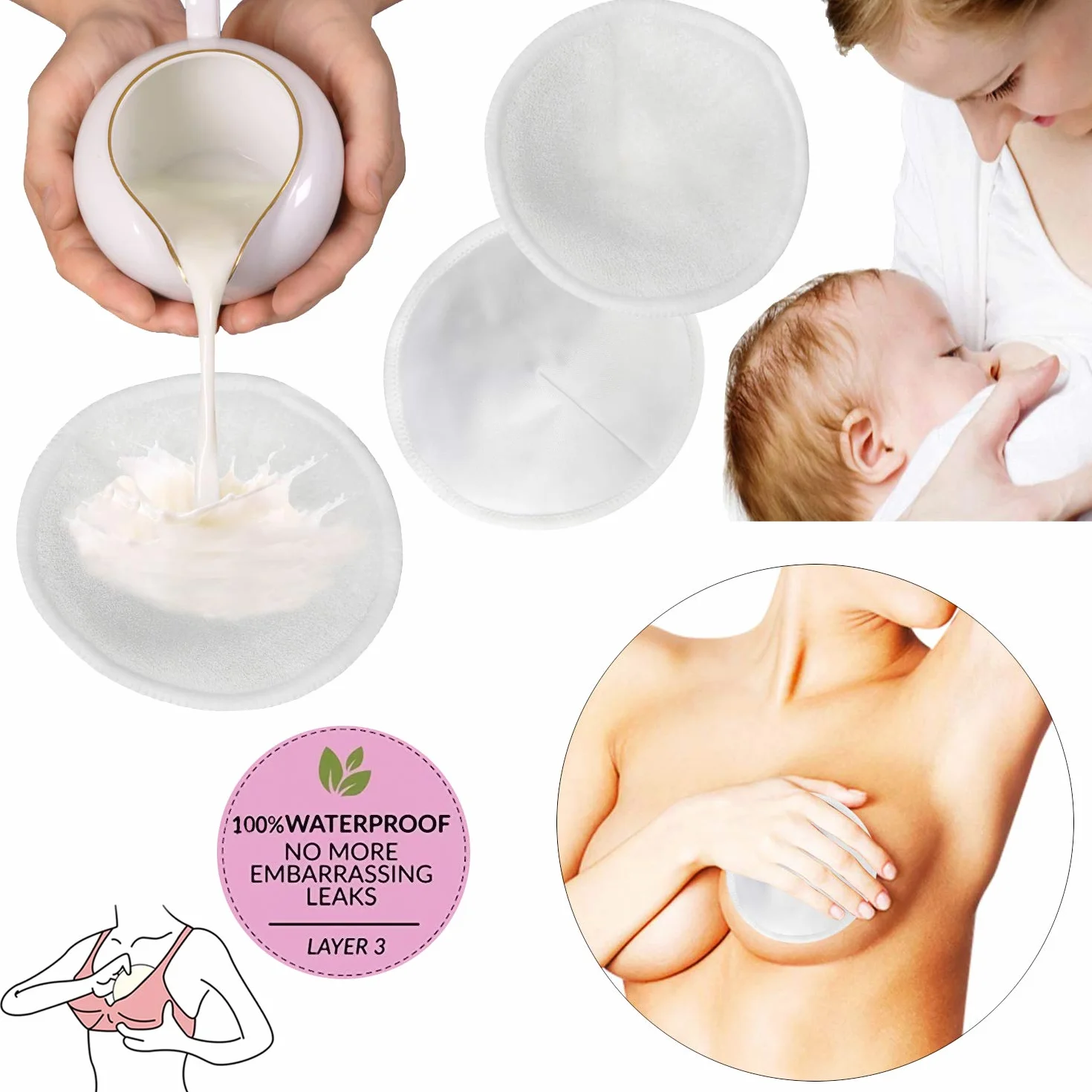Pinowu Almohadillas de lactancia de bambú orgánico (12pcs), 11cm Súper Suaves y Absorbentes Hipoalergénico Discos de Lactancia, Ronda Cojines de Bra a Prueba de Fugas