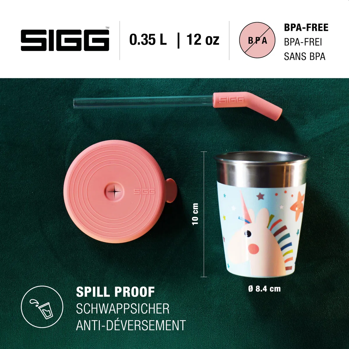 SIGG - Vaso infantil de acero inoxidable con tapa de silicona y pajita - A prueba de salpicaduras - Sin BPA - Ligero y robusto - Unicornio - 0,35L