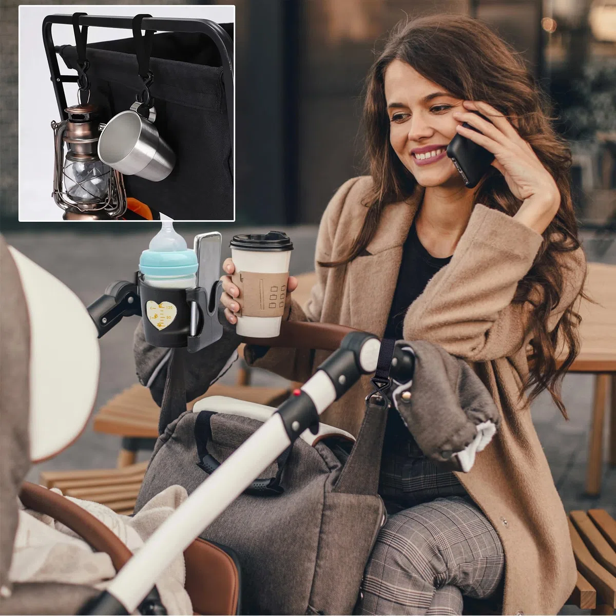 Set de portavasos universal, con portavasos en forma de corazón y 2 correas con ganchos, caja de almacenamiento para teléfono, desmontable y portátil, para botellas de agua, bicicletas(negro)