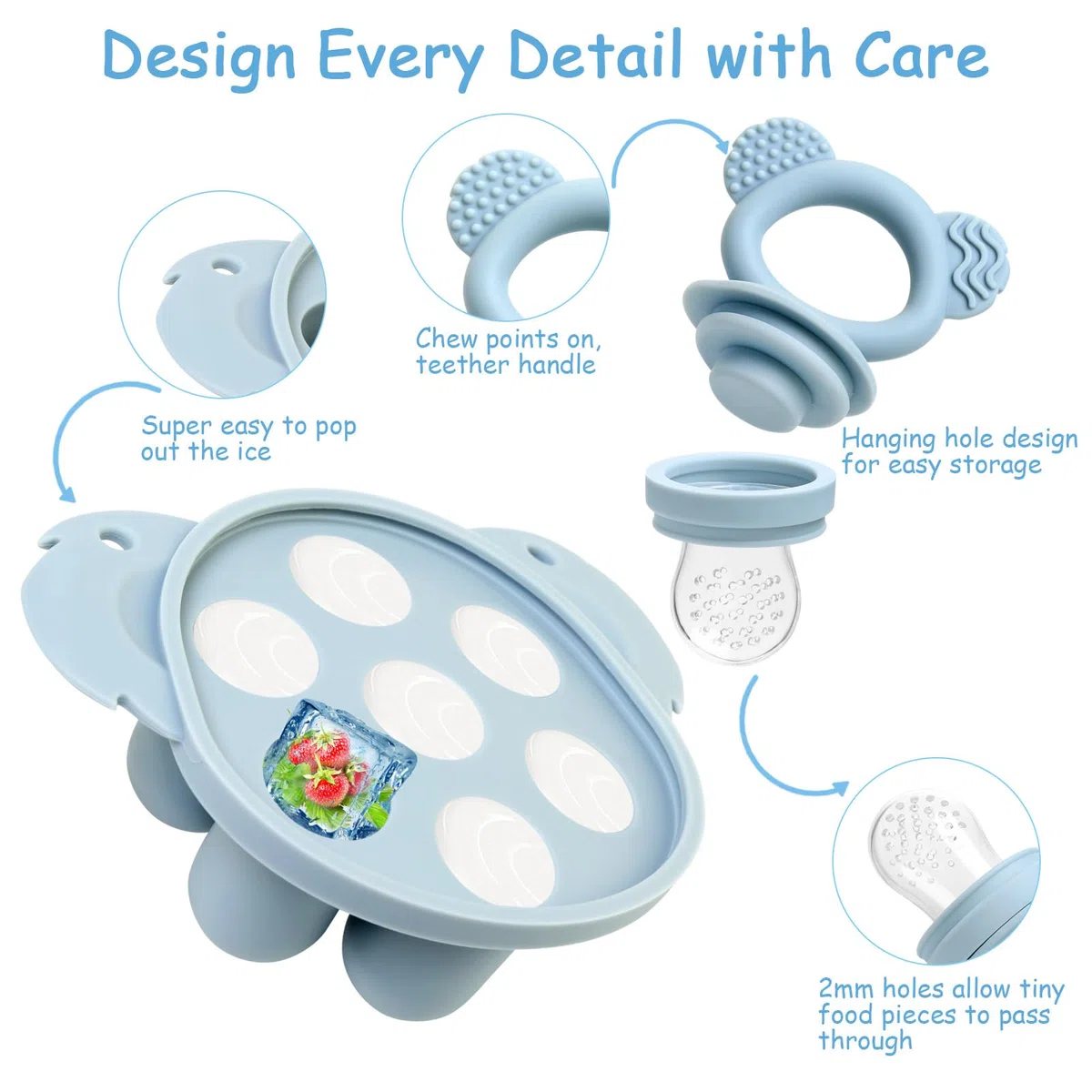 JoyPlus Chupete Fruta Bebe con 3 Tetinas de Silicona sin BPA, Chupete para Fruta Bebe y Bandejas para Congelar Comida de Bebé con Tapas para Leche Materna, Mordedor Fruta Bebe de 3 6 12 24 Meses