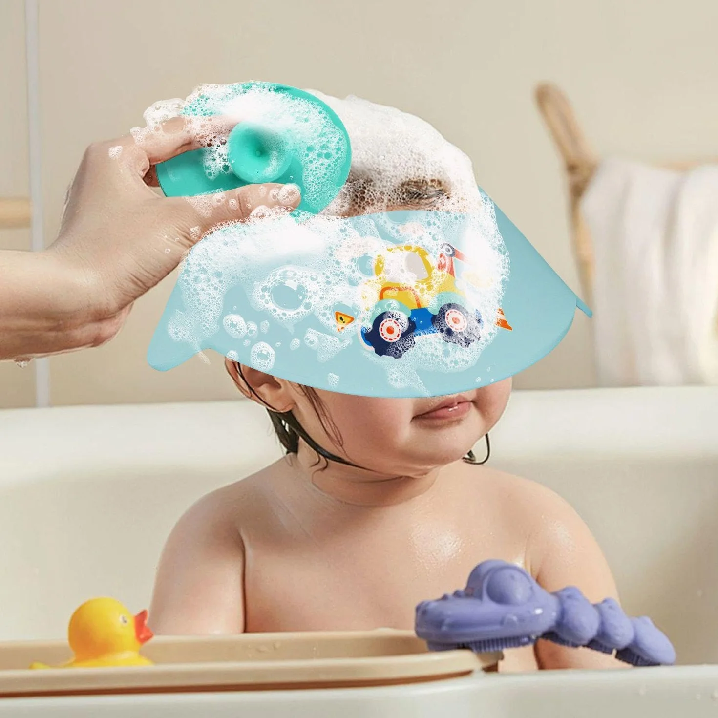 Capas De Ducha De 2 Piezas, 2 Pinceles De Masaje De 2 Piezas, Dibujos Animados Lindos, Protección Para Los Ojos, Protección Del Oído, Ducha Para Niños Y Tapa Impermeable Para El Cabello.