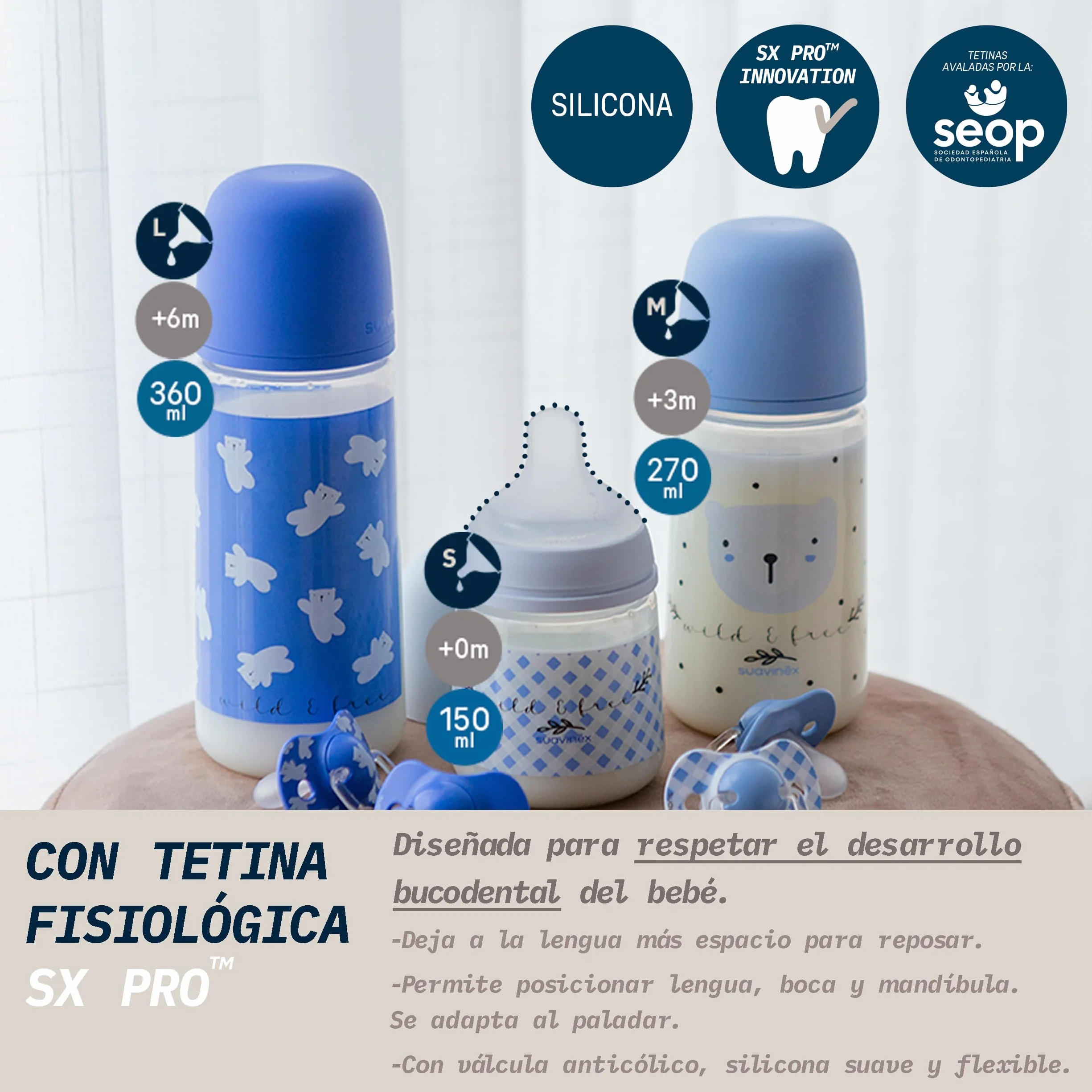 Suavinex, Pack 2 Biberones de 360 ml, Tetina Fisiológica SX Pro de Silicona con Válvula Anticólico, de Flujo Denso (L), Apto Papillas Líquidas. Bebés +6 Meses. Birdies y Wild&Free, Azul