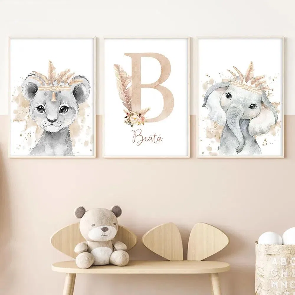 3 Laminas Personalizadas Bebe Cuadros Iniciales Poster Animales Selva León Elefante Jirafa Habitacion Infantil Decoración Pared Habitación Niño Niña Regalo 30x40 cm sin Marco