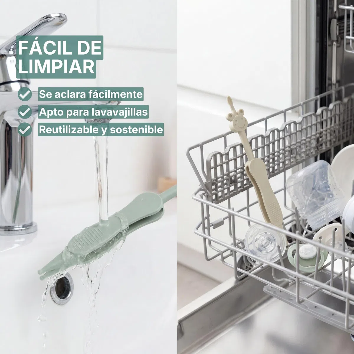 Limpiador de nariz y oídos para bebés con pinzas - Alternativa 3 en 1 al aspirador nasal - Sin BPA - Verde/Beige